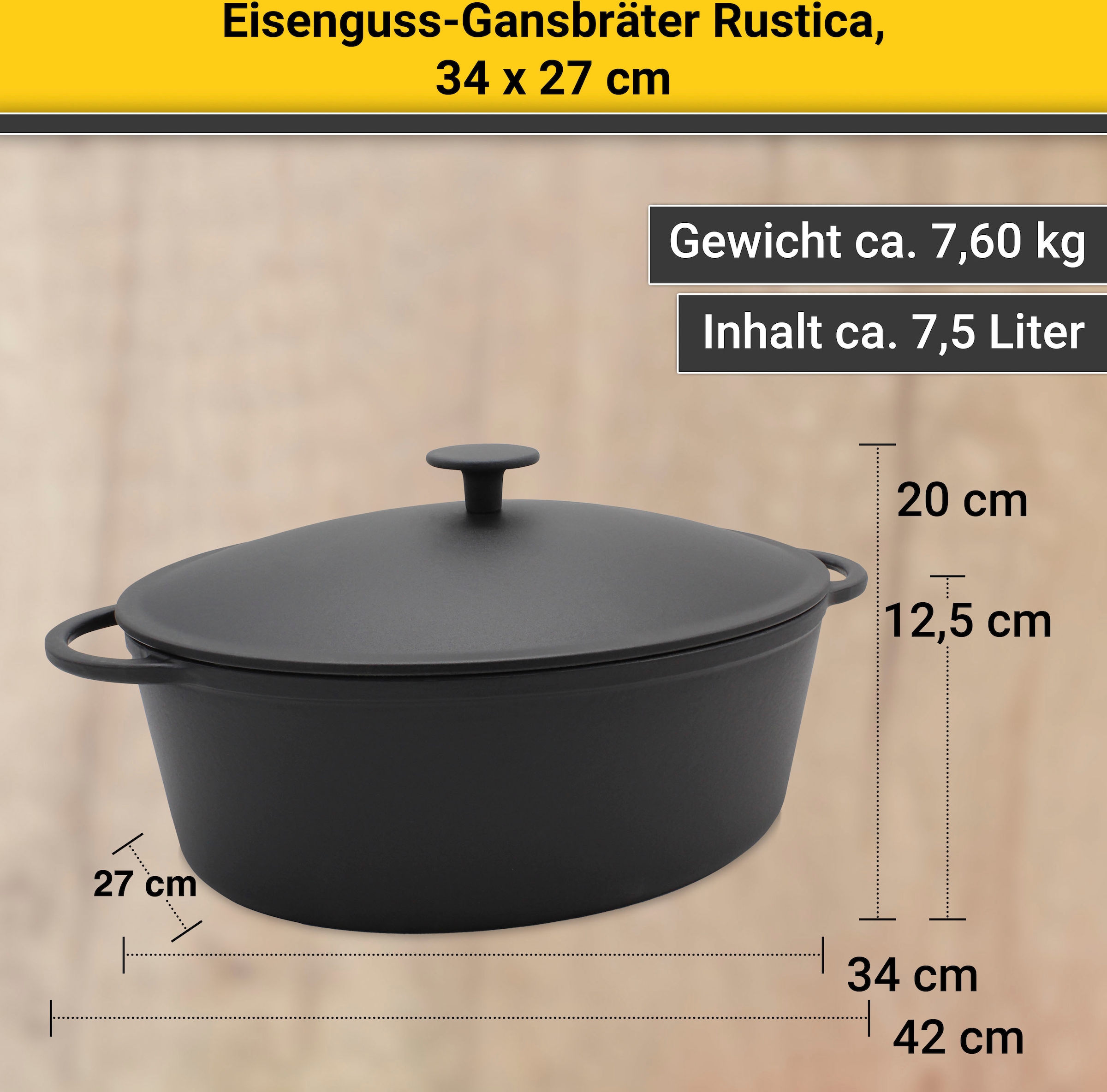 Krüger Bräter »Eisenguss Gansbräter mit Deckel RUSTICA, 34 x 27 x 12,5 cm«, Gusseisen, (1 tlg.), für Induktions-Kochfelder geeignet