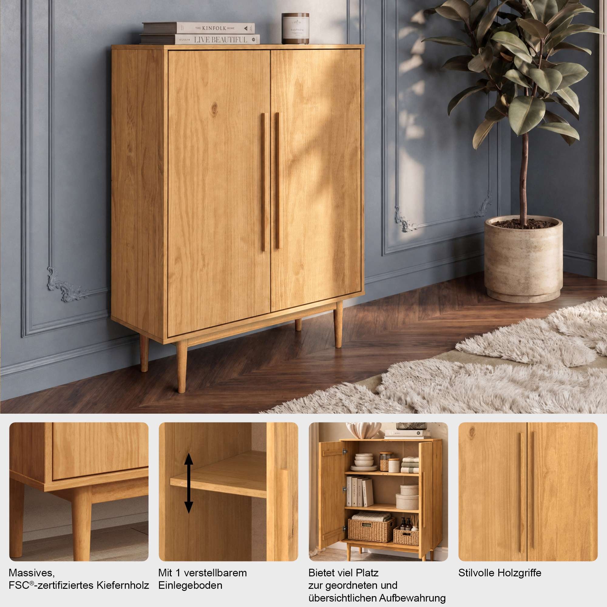 OTTO home Highboard »Vara, Kommode mit 2 Türen und 2 variabel einsetzbare Einlegeböden« aus massivem Kiefernholz, mit 2 Einlegeböden, Breite 90cm, Höhe 120cm