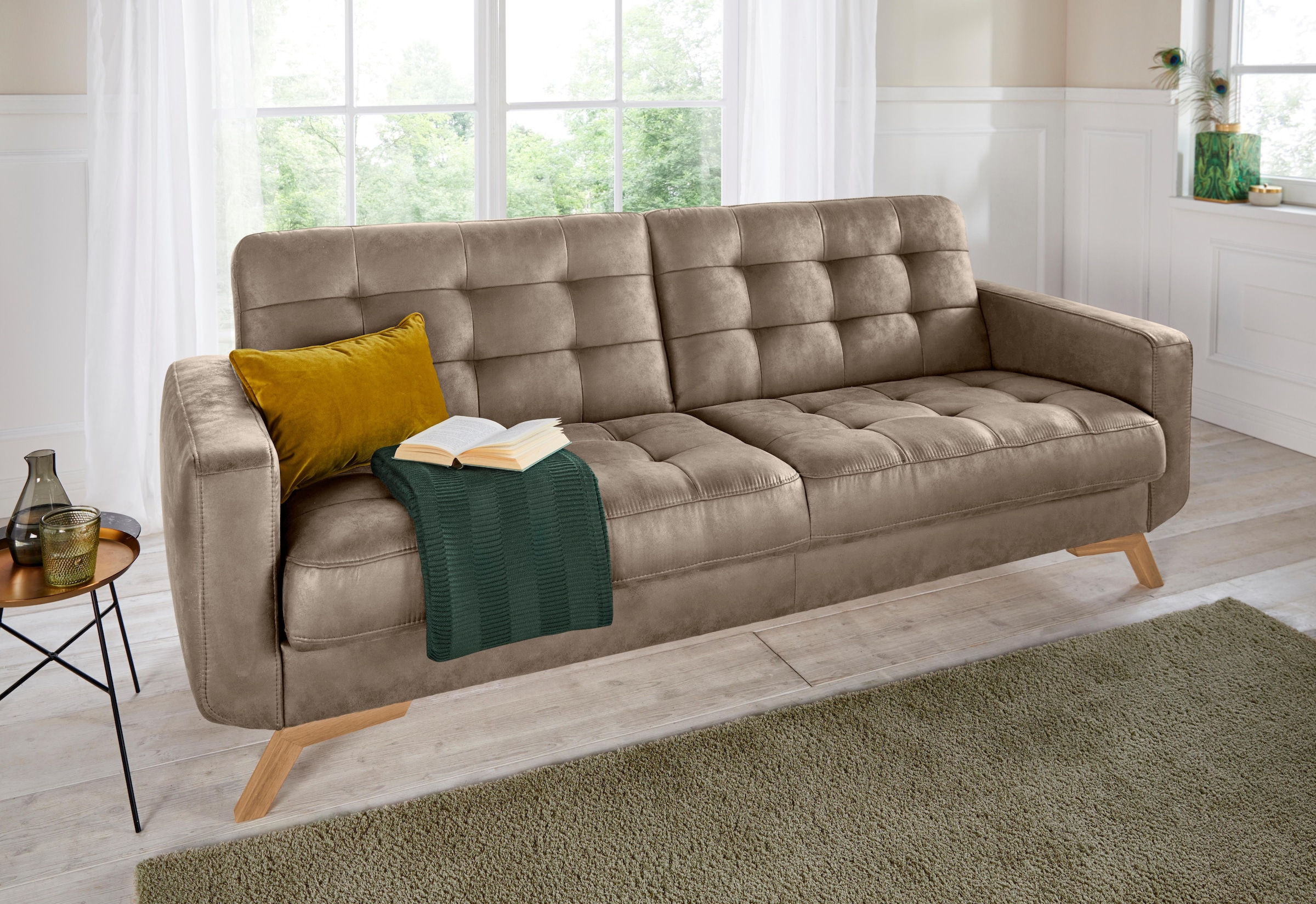 exxpo - sofa fashion 3-Sitzer »Fiord, aktuelles Design, tolle Detailverarbeitung im Sitz und Rücken«, bequem, wahlweise Kippcouch mit Bettfunktion und Bettkasten, Holzfuß