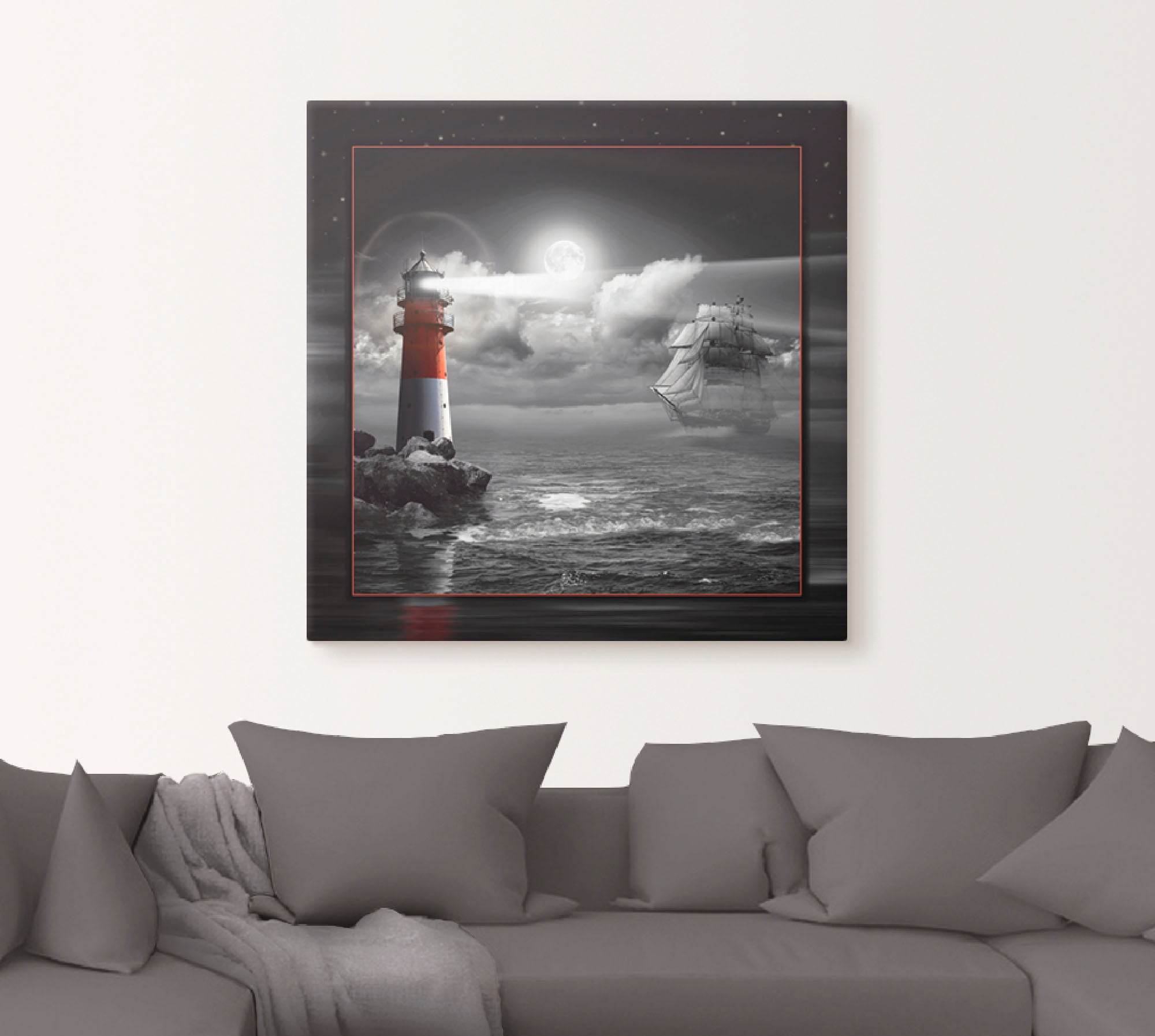Artland Wandbild »Leuchtturm und Segelschiff im Mondschein«, Küste, (1 St.), als Leinwandbild, Poster, Wandaufkleber in verschied. Größen