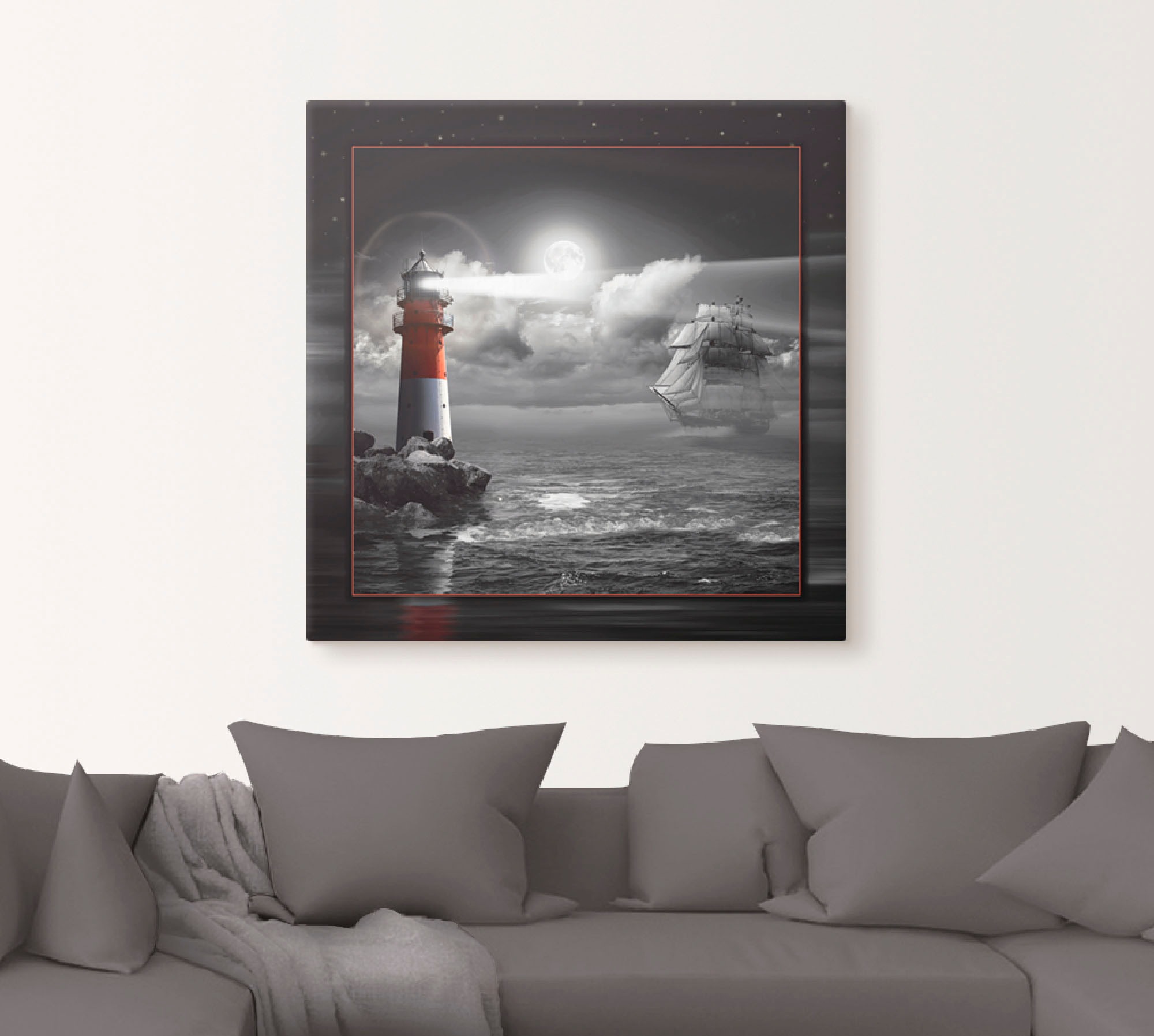 Artland Leinwandbild "Leuchtturm und Segelschiff im Mondschein" Küste 1 Stk günstig online kaufen