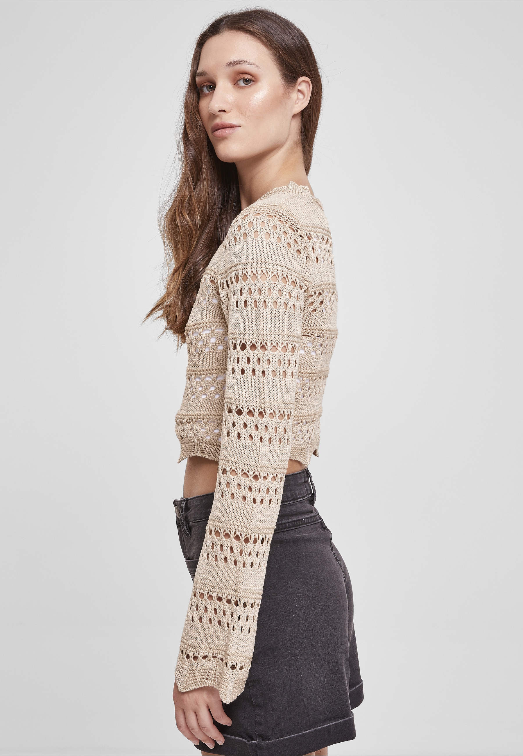 URBAN CLASSICS Rundhalspullover »Urban Classics Damen Ladies Cropped Crochet Knit Sweater« 1 Stk.