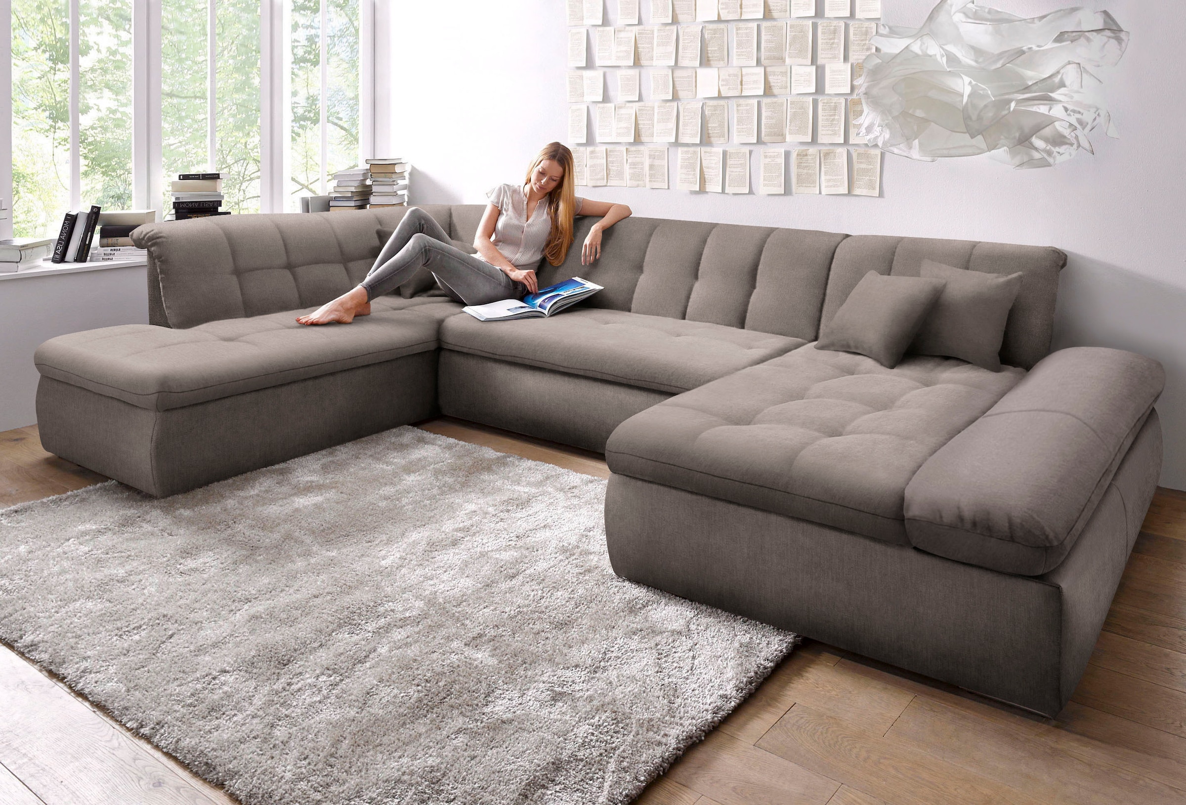 DOMO collection Wohnlandschaft "MORIC Massiv - Belastbar bis 140 kgxSitz, 353x216x80 cm, XXL" U-Form, inkl. Zierkissen