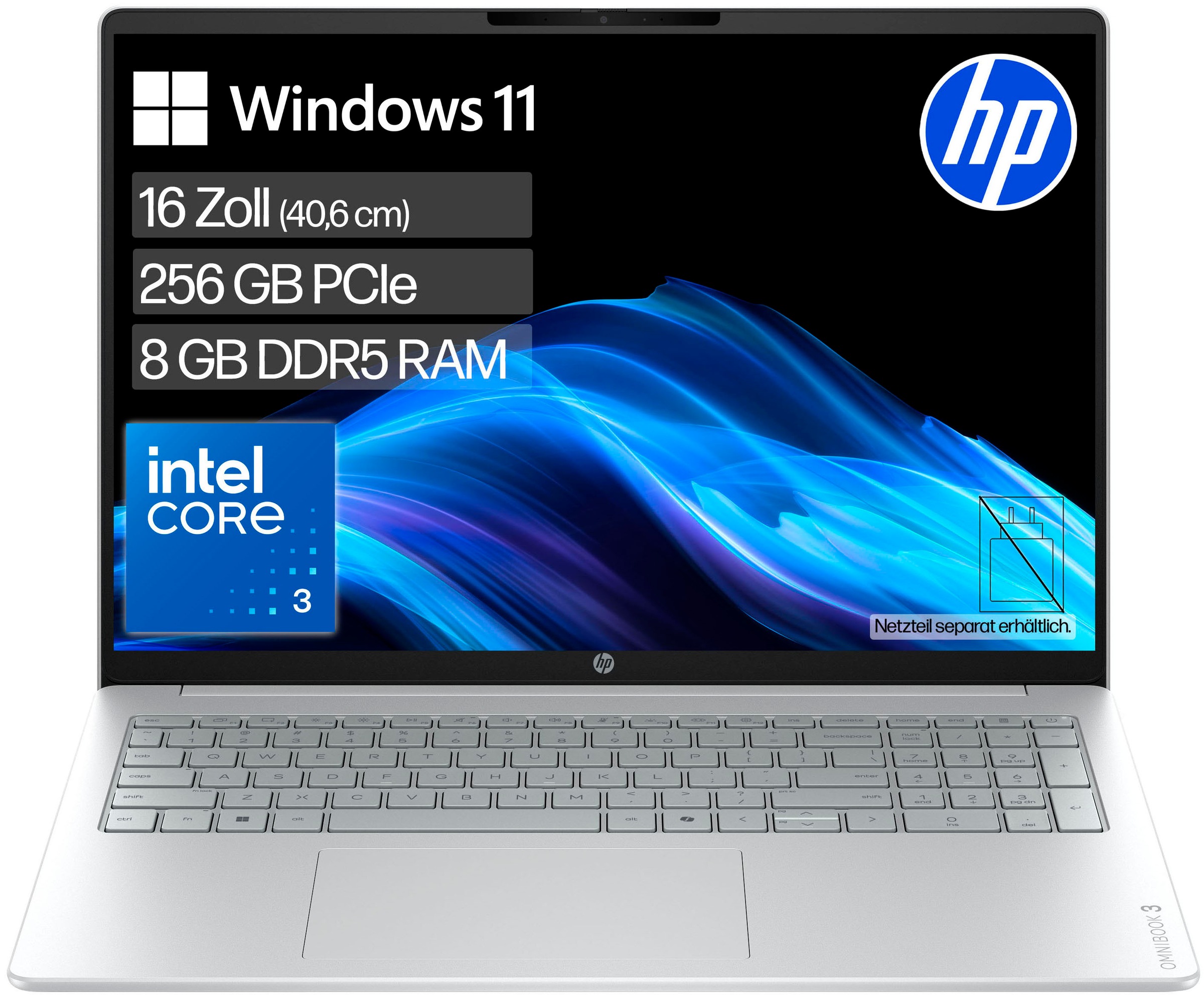"HP Notebook ""OmniBook 3 16-bu0032ngx"", silber (glacier silber), 8 GB RAM 256 GB SSD, Core 3, Windows 11 Home, Notebooks"