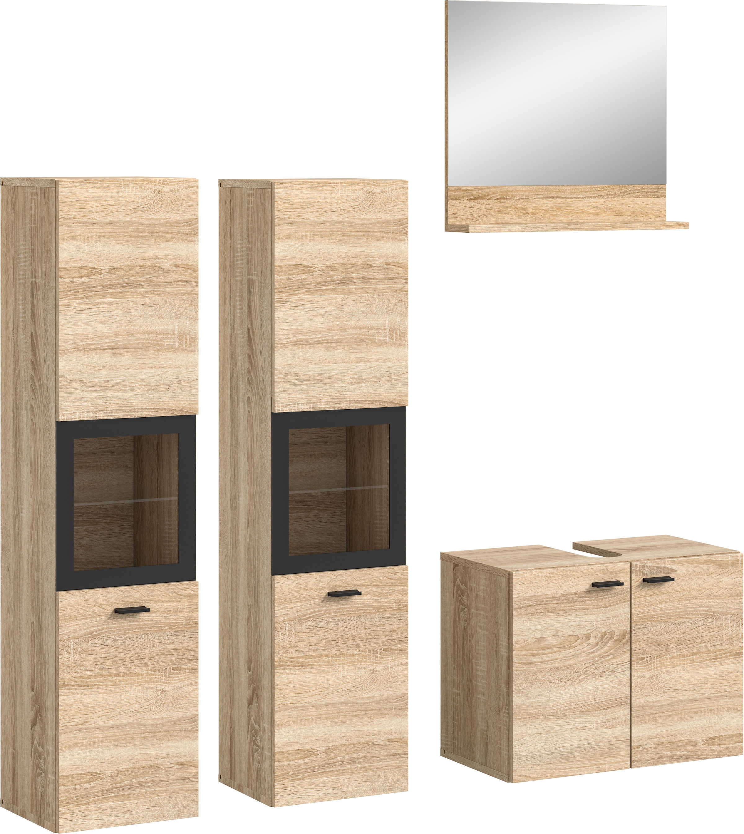 welltime Badmöbel-Set »Tampa, Breite 137cm, 4-teilig«, (4 St.), Waschbeckenunterschrank, Spiegel, Hochschrank