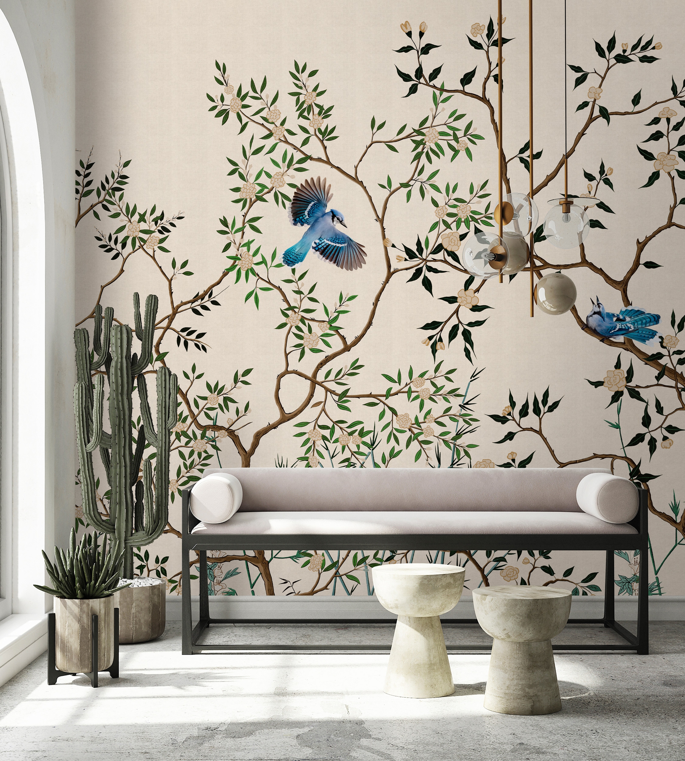 living walls Vliestapete "Vogeltapete Beige Grün mit Ästen & Blauen Vögeln" matt glatt