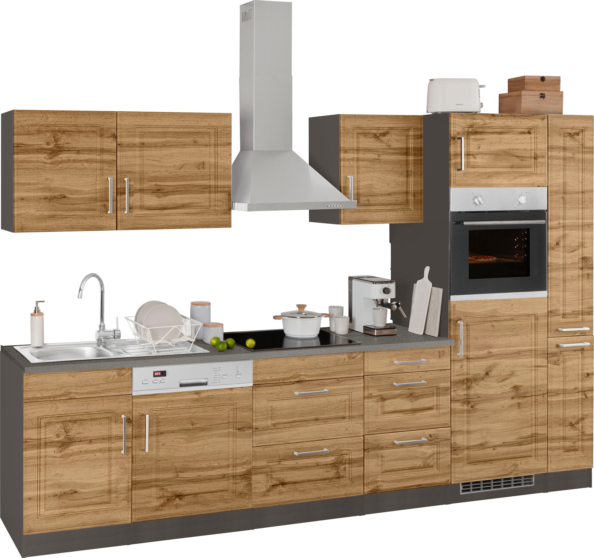 KOCHSTATION Küchenzeile »KS-Stockholm«, Breite 310 cm, mit hochwertigen MDF Fronten im Landhaus-Stil