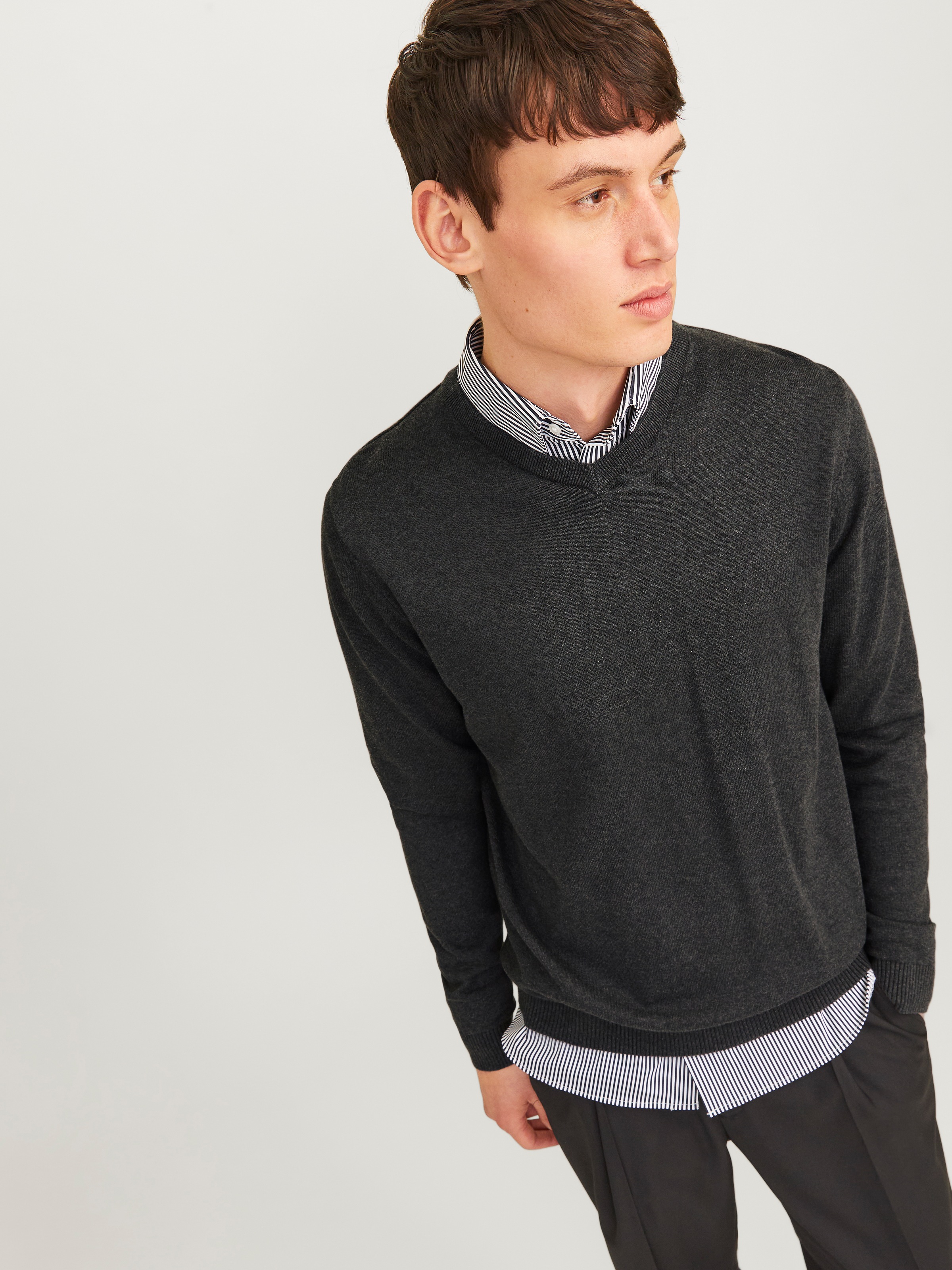 Jack & Jones Pull à Col En V Ebasic Knit Dark Grey Melange 2XL Homme 2