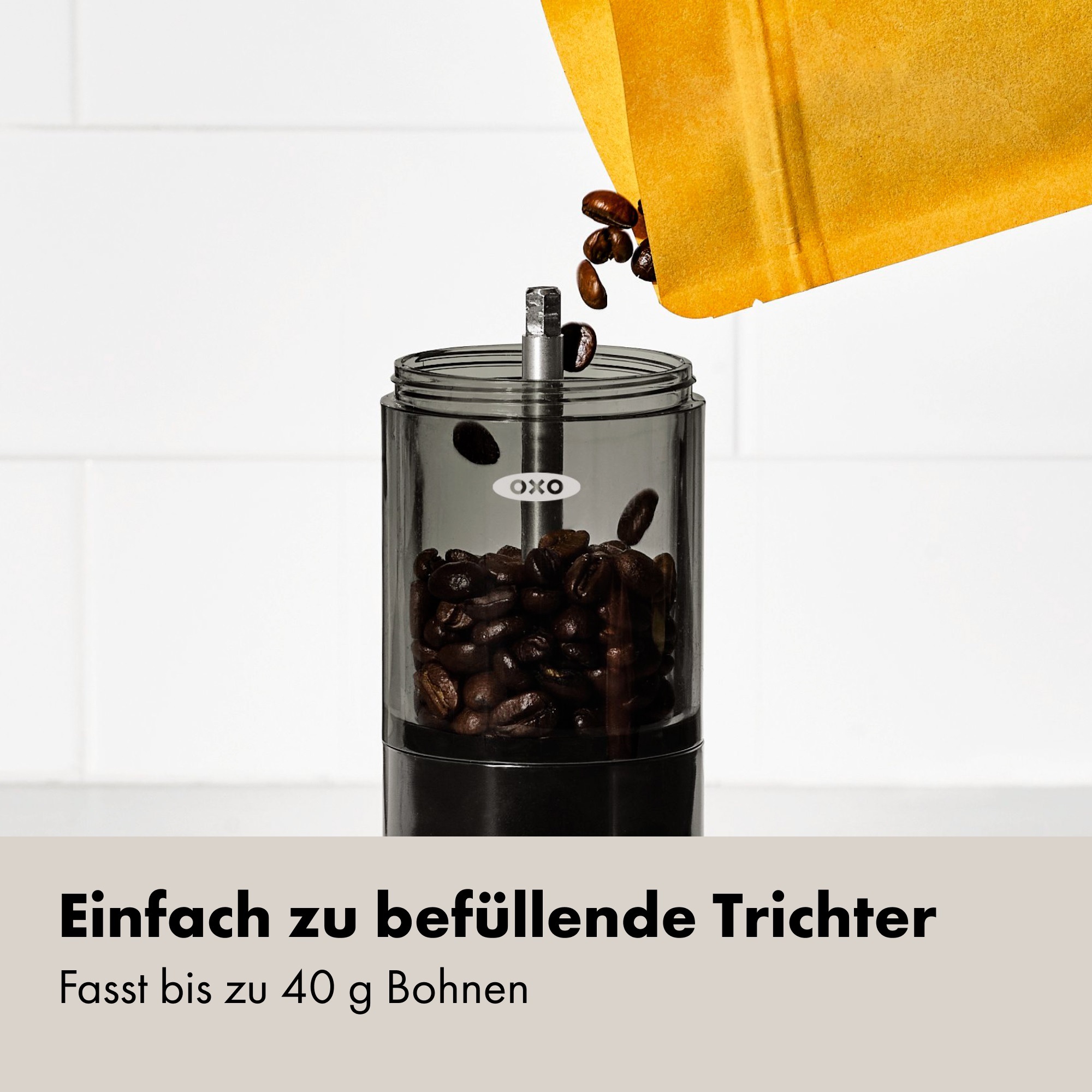 OXO Good Grips Kaffeemühle »Brew« Kegelmahlwerk 40 gBohnenbehälter Handkaffeemühle