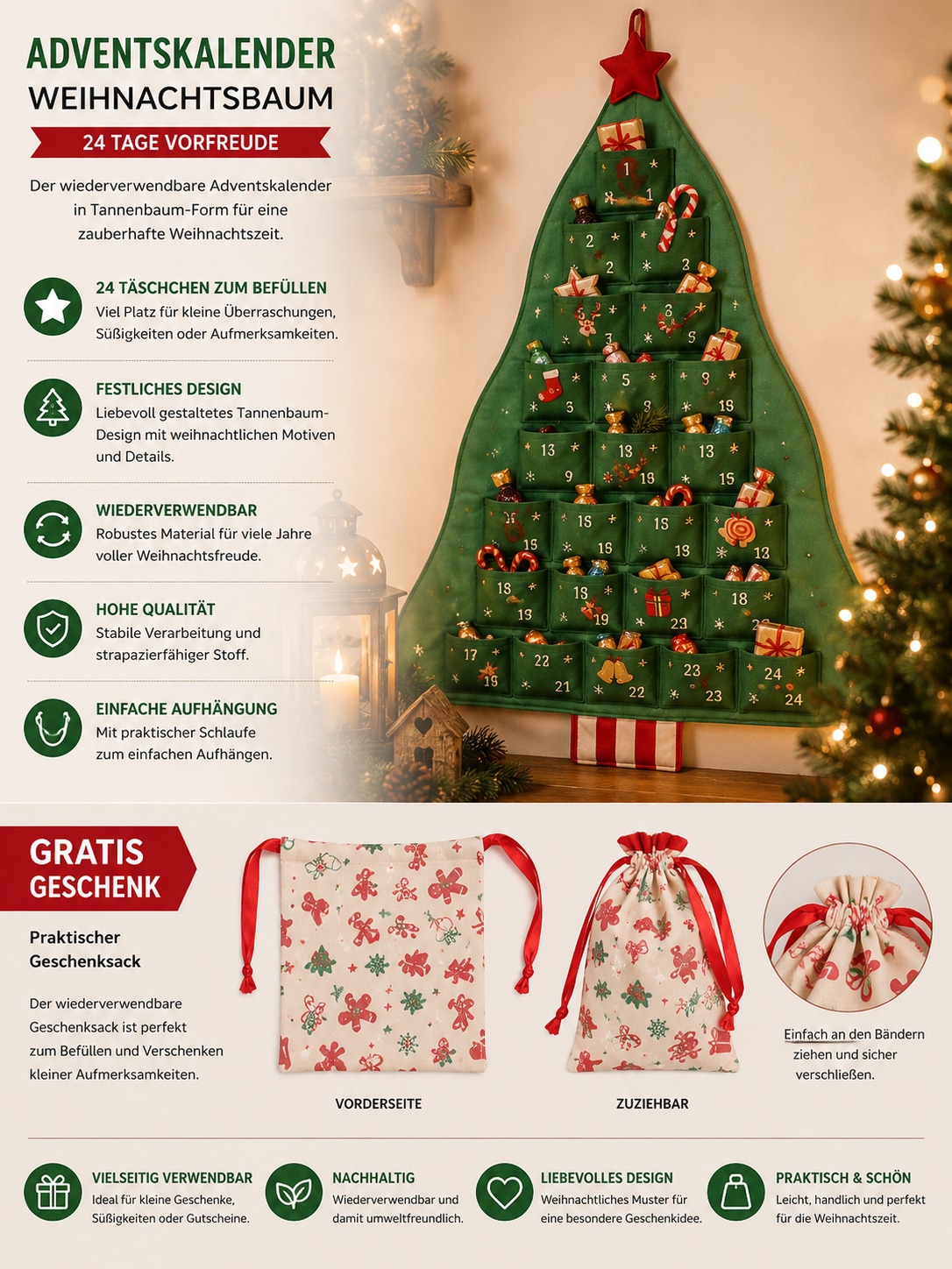 OTTO home Adventskalender »Weihnachtsbaum mit dekorierten Taschen, wiederverwendbar« Es liegt keine Altersempfehlung vor aus Stoff, ca. 120x68cm, zum Hängen an Türen und Wänden