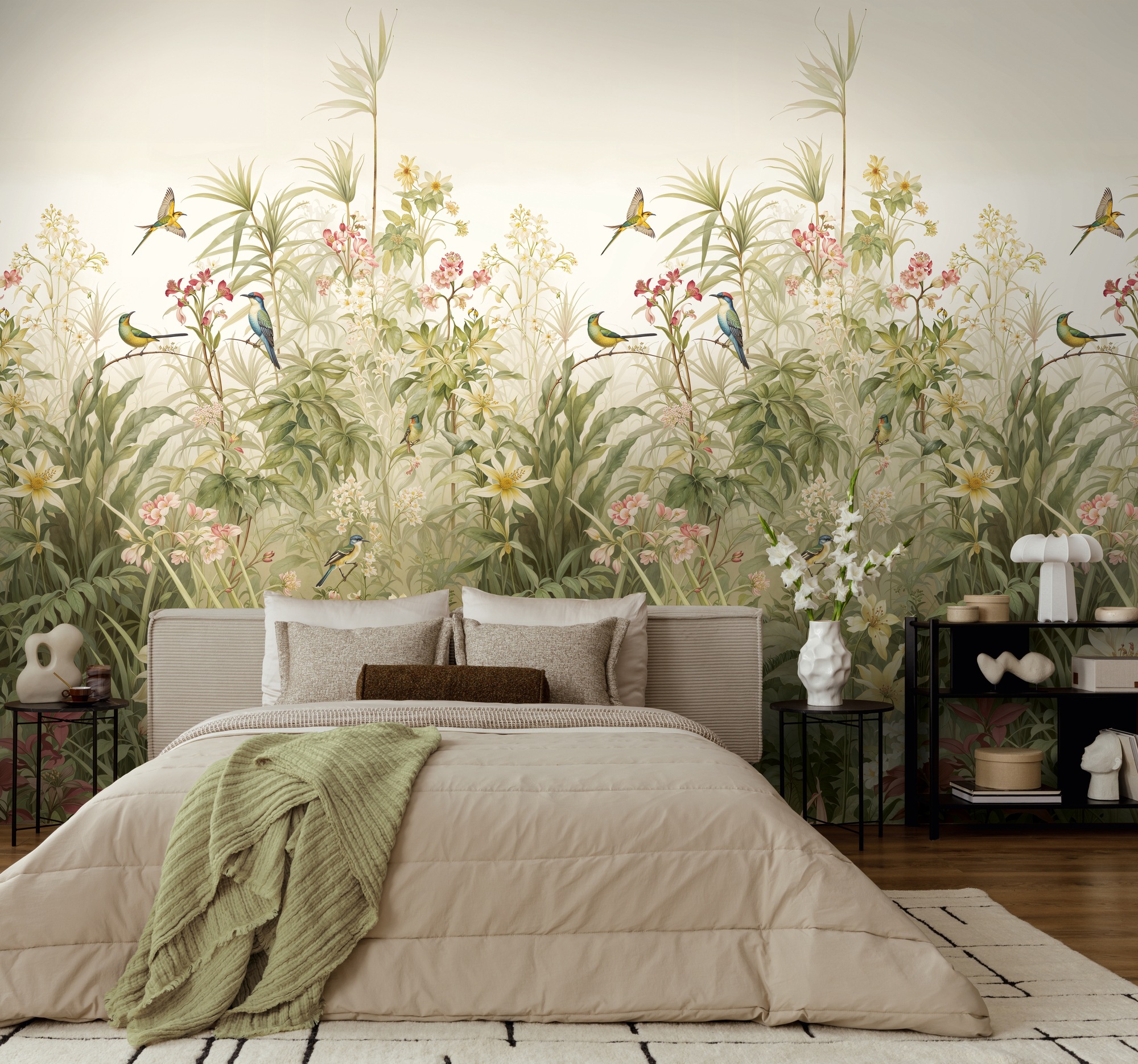 living walls Fototapete »The Wall 4 Flowers – Vögel und Wildpflanzen Vlies-Fototapete« botanisch | floral | matt leicht strukturiert Vögel und Wildpflanzen – natürlicher Tiefenwirkung