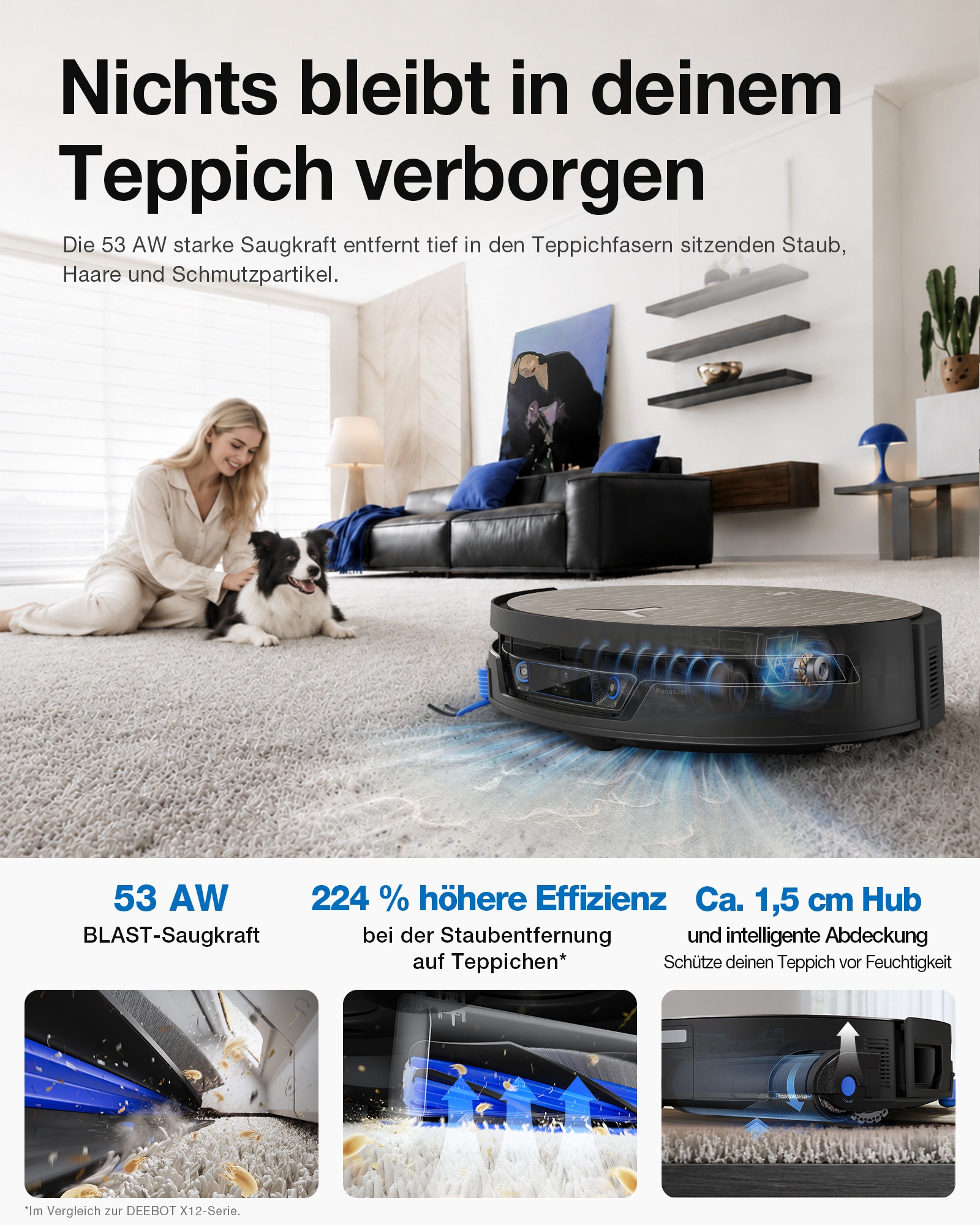 ECOVACS Nass-Trocken-Saugroboter »DEEBOT X12S, inkl. OmniCyclone Station« 27.000 Pa + 53 AW Saugleistung, 27cm Wischrolle