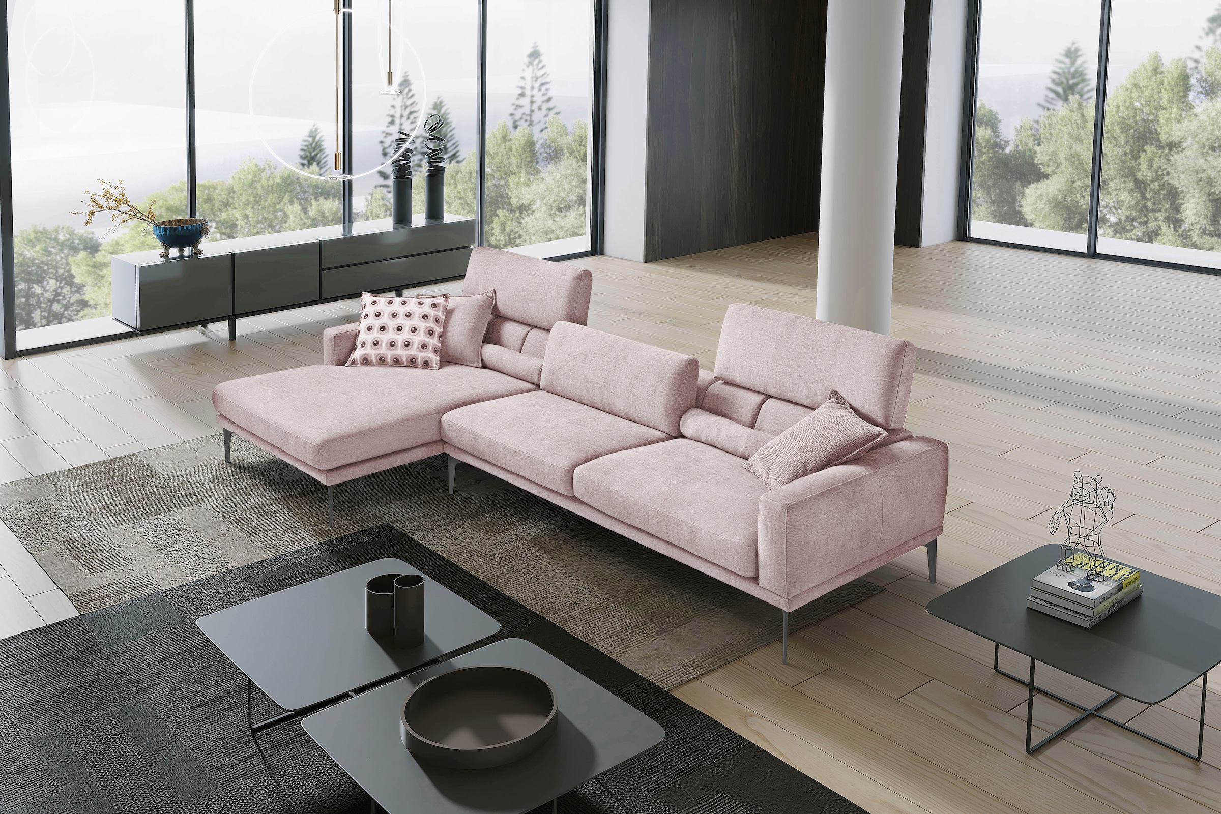 Egoitaliano Ecksofa "Masu, Design trifft sensationellen Sitzkomfort, Breite 277cm, L-Form" inkl. 2 Kissenrollen, Rückenelemente manuell verstellbar, Metallfüße