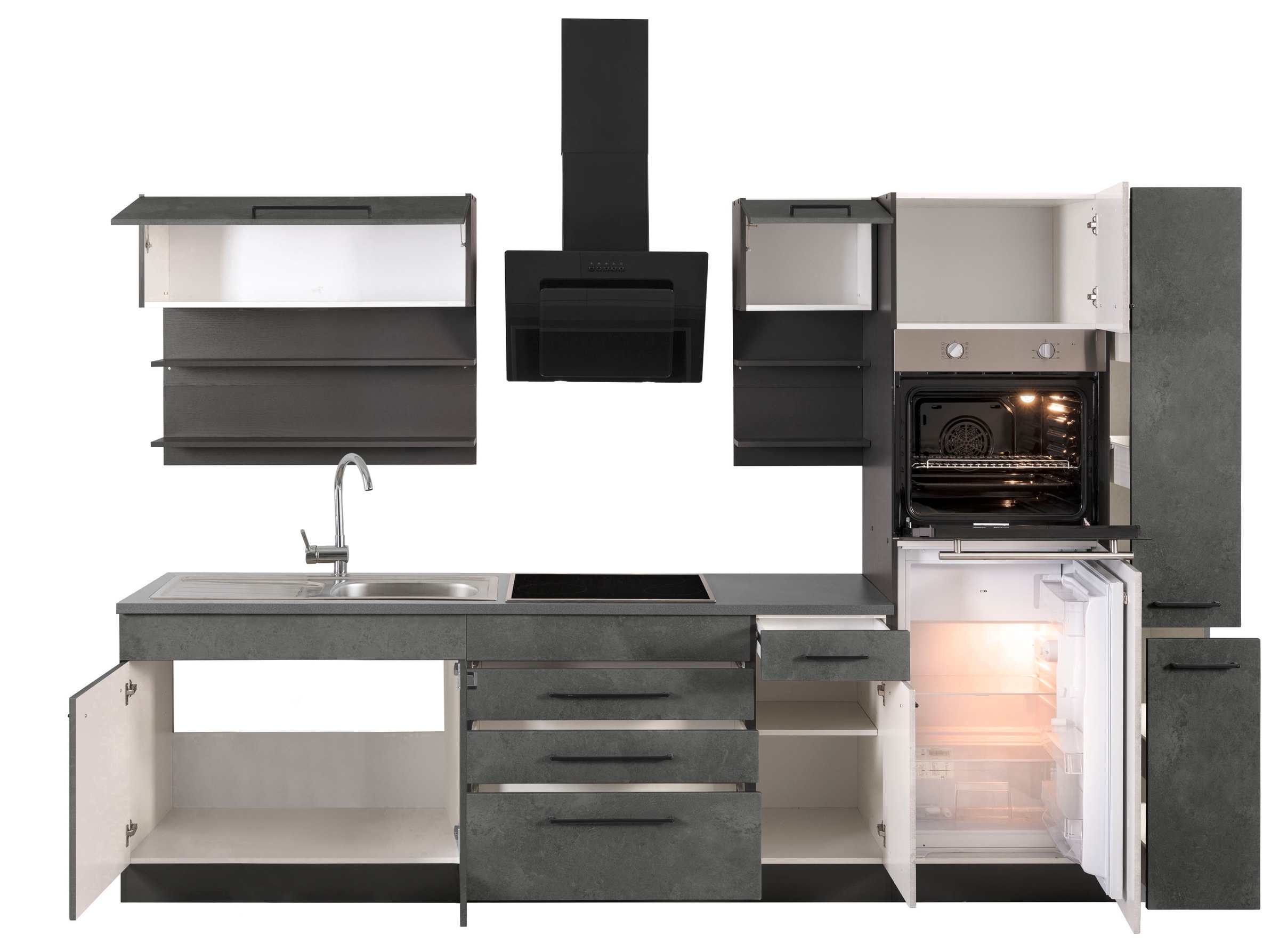 KOCHSTATION Küchenzeile »KS-Tulsa«, ohne E-Geräte, Breite 320 cm, schwarze Metallgriffe, MDF Fronten