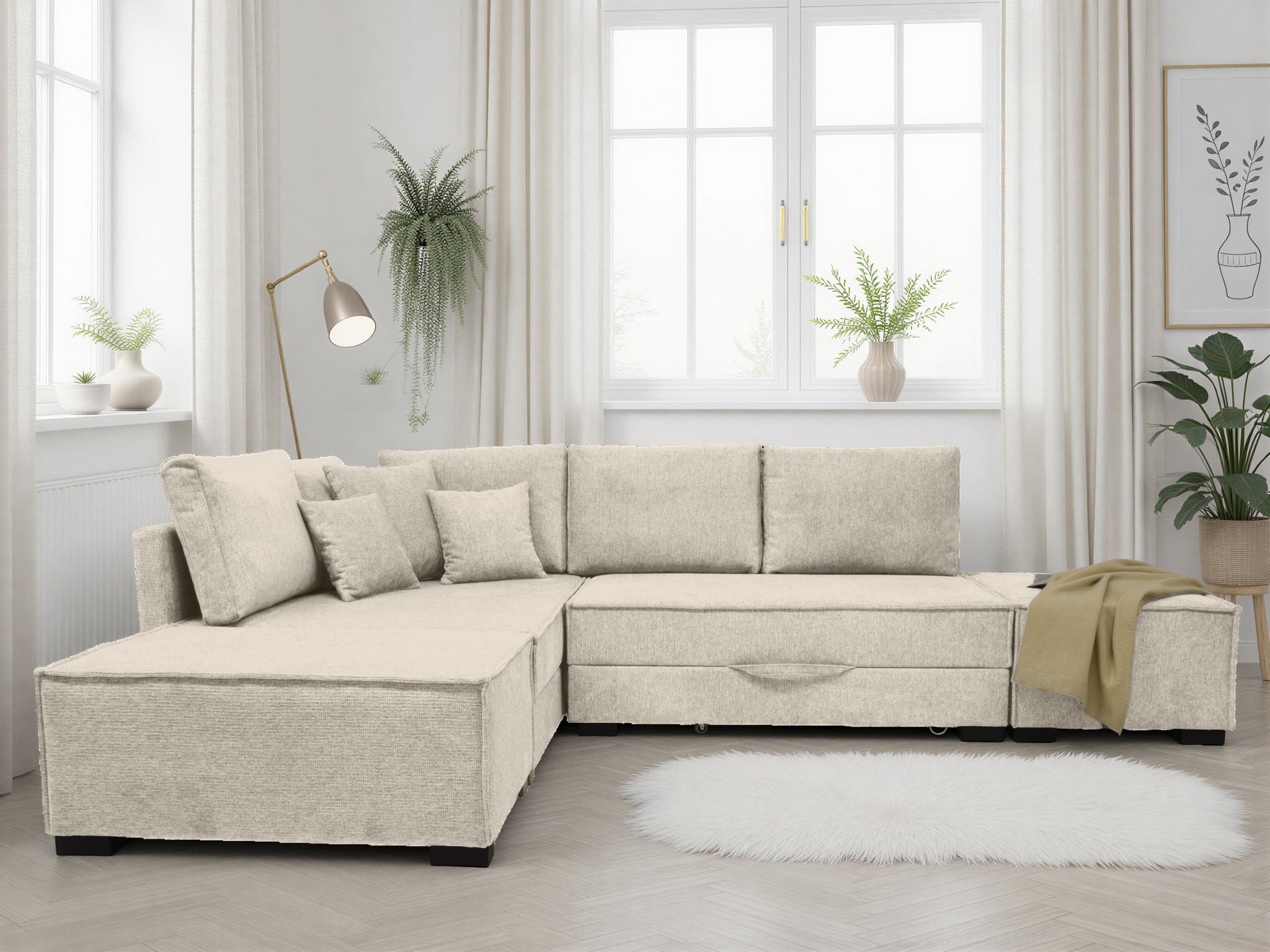 Home affaire "Night & Day L-Form, B: 316 cm mit Dauer-Schlaffunktion 180x200 cm" Set: Sofa & Hocker, Schlaffunktion, Bettkasten & Kissen, Boxspringbett