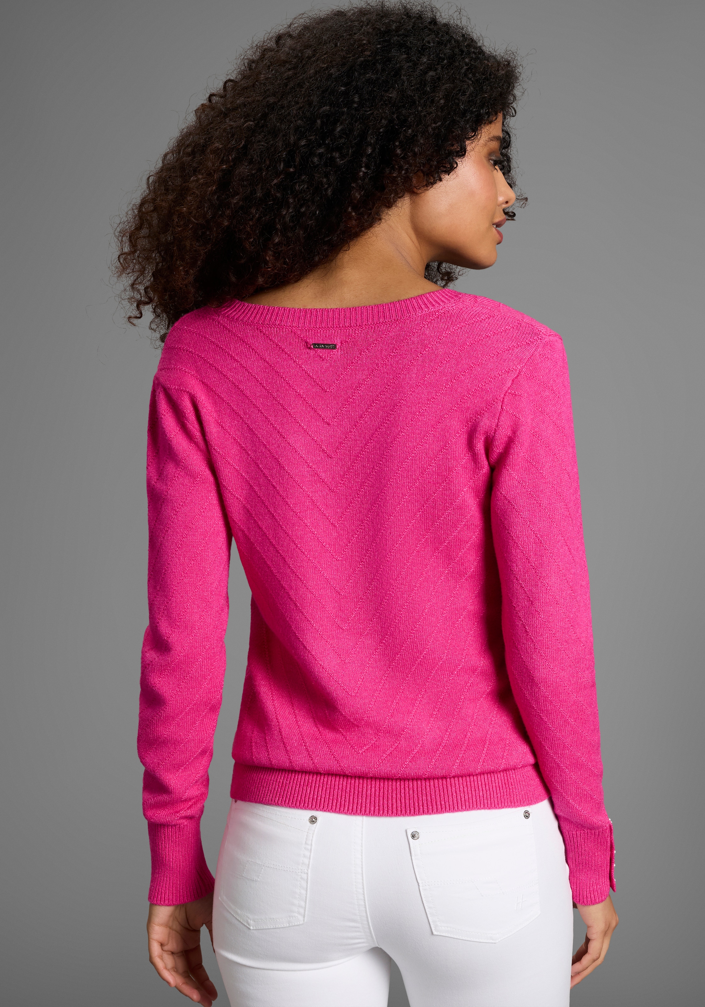 Laura Scott V-Ausschnitt-Pullover kuscheliger Winterstrick mit Strukturstrick und Knöpfen