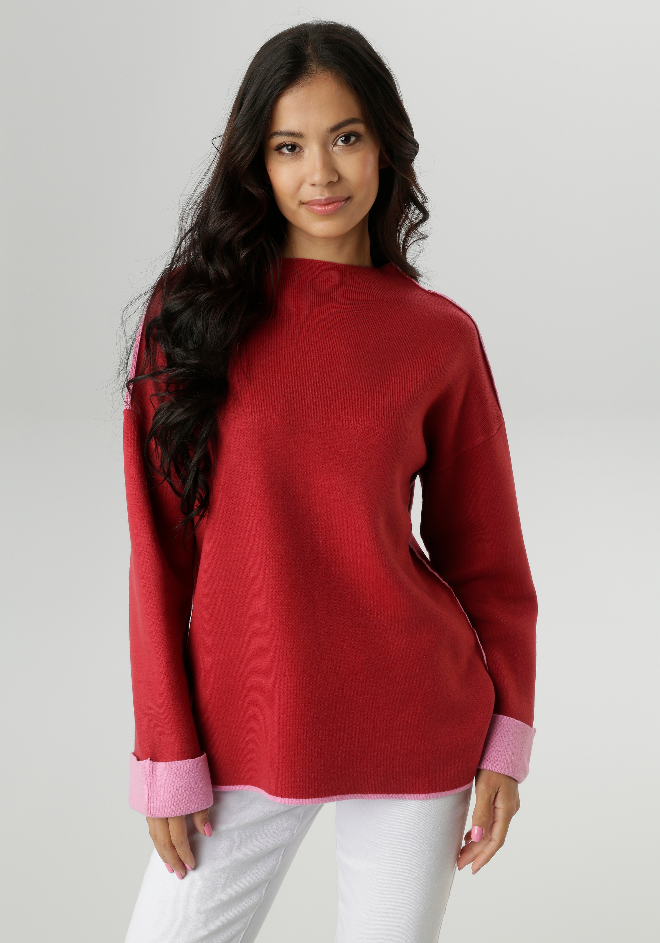 Aniston SELECTED Strickpullover, mit rosafarbenen Zierkanten günstig online kaufen