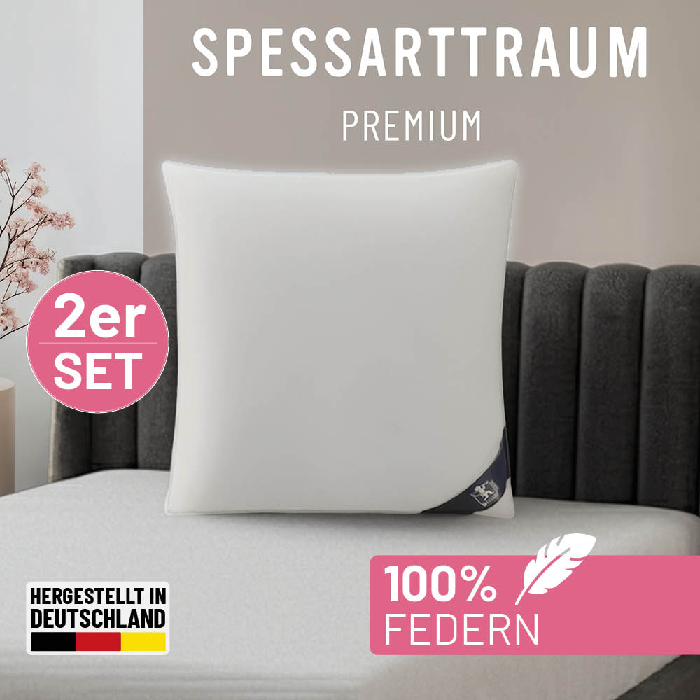 SPESSARTTRAUM Gänsefederkopfkissen "Premium, Kopfkissen 2-tlg. 40x80 oder 80x80 cm" Füllung: 100% Gänsefedern, Klasse 1, Downpass zertifiziert 2 Stk. tlg. Seitenschläfer & Rückenschläfer, Hergestellt in Deutschland