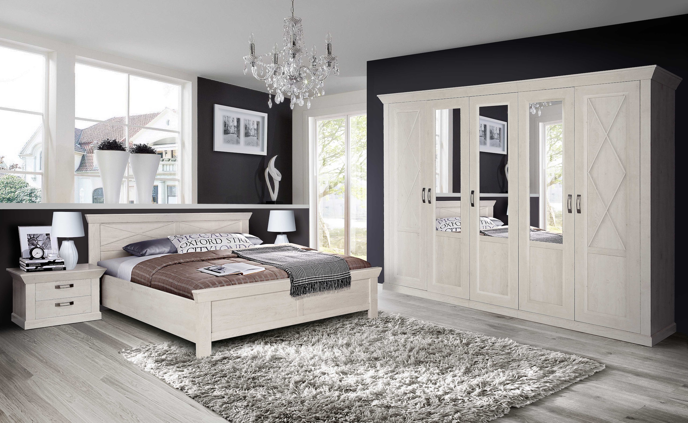 FORTE Bett »KASHMIR, Belastbarkeit 250 KG, dekoratives Kopfteil« Liegefläche 180 x 200 cm, B x H x T: ca. 191 x 99x 210 cm,  Bett im Landhaustil, pflegeleicht , Dekor Pinie Weiß