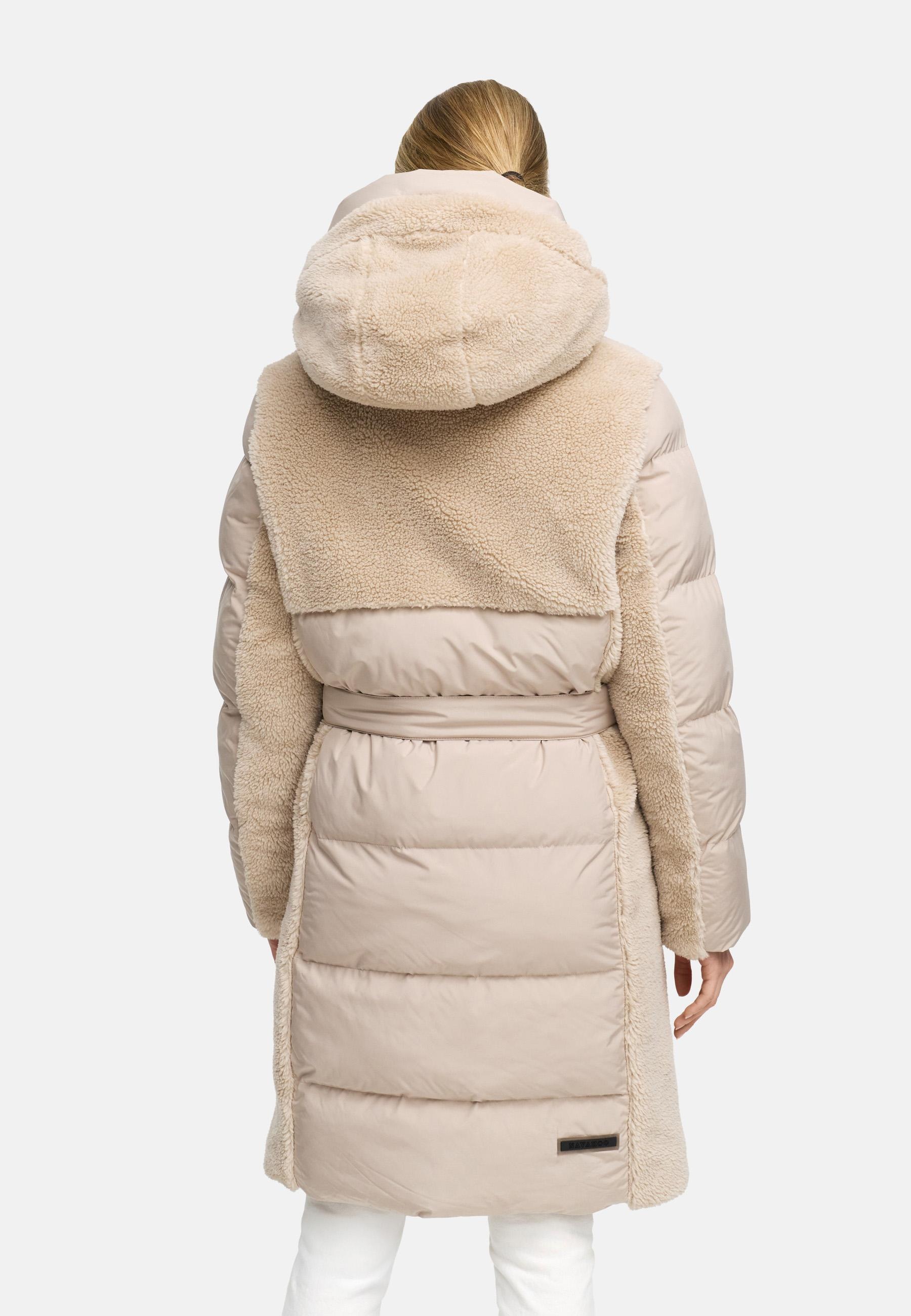 Navahoo Wintermantel »Funkelteddy 14«, warmer Mantel mit Teddyplüsch-Akzenten und Taillengürtel