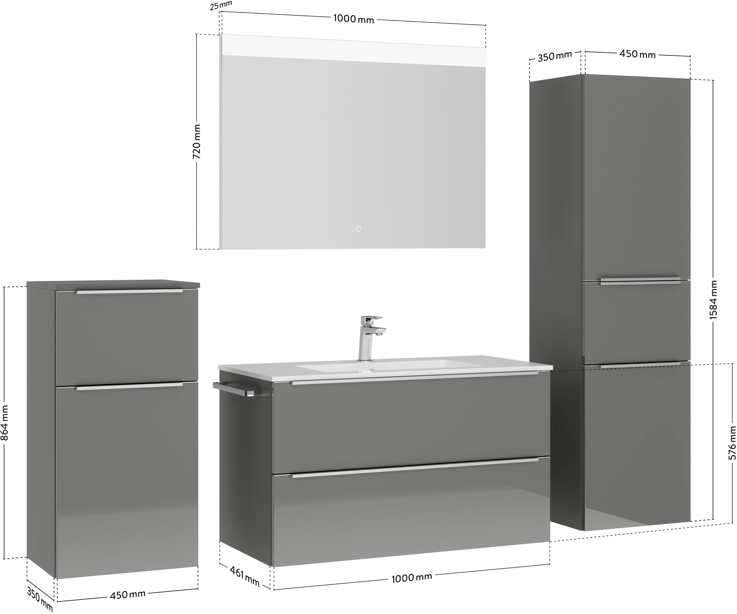 nobilia® Badmöbel-Set »Levere«, (4 St., vormontiert, mit Soft-Close), Hochglanz, inkl. Spiegel mit Touch-Sensor, in vier Breiten