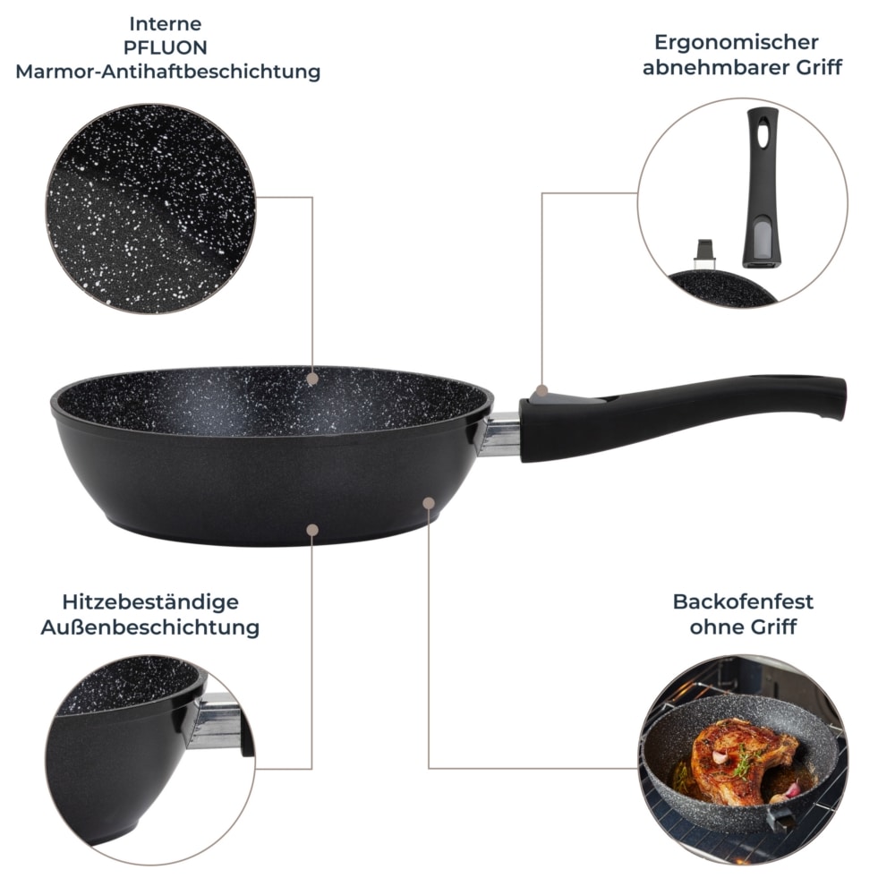 RESTO Kitchenware Bratpfanne »Aries, tiefe Wokpfanne mit vierschichtiger Marmor-Antihaftbeschichtung«, Aluminium, (1 tlg.), mit einem abnehmbaren Griff - backofenfest, spülmaschinenfest