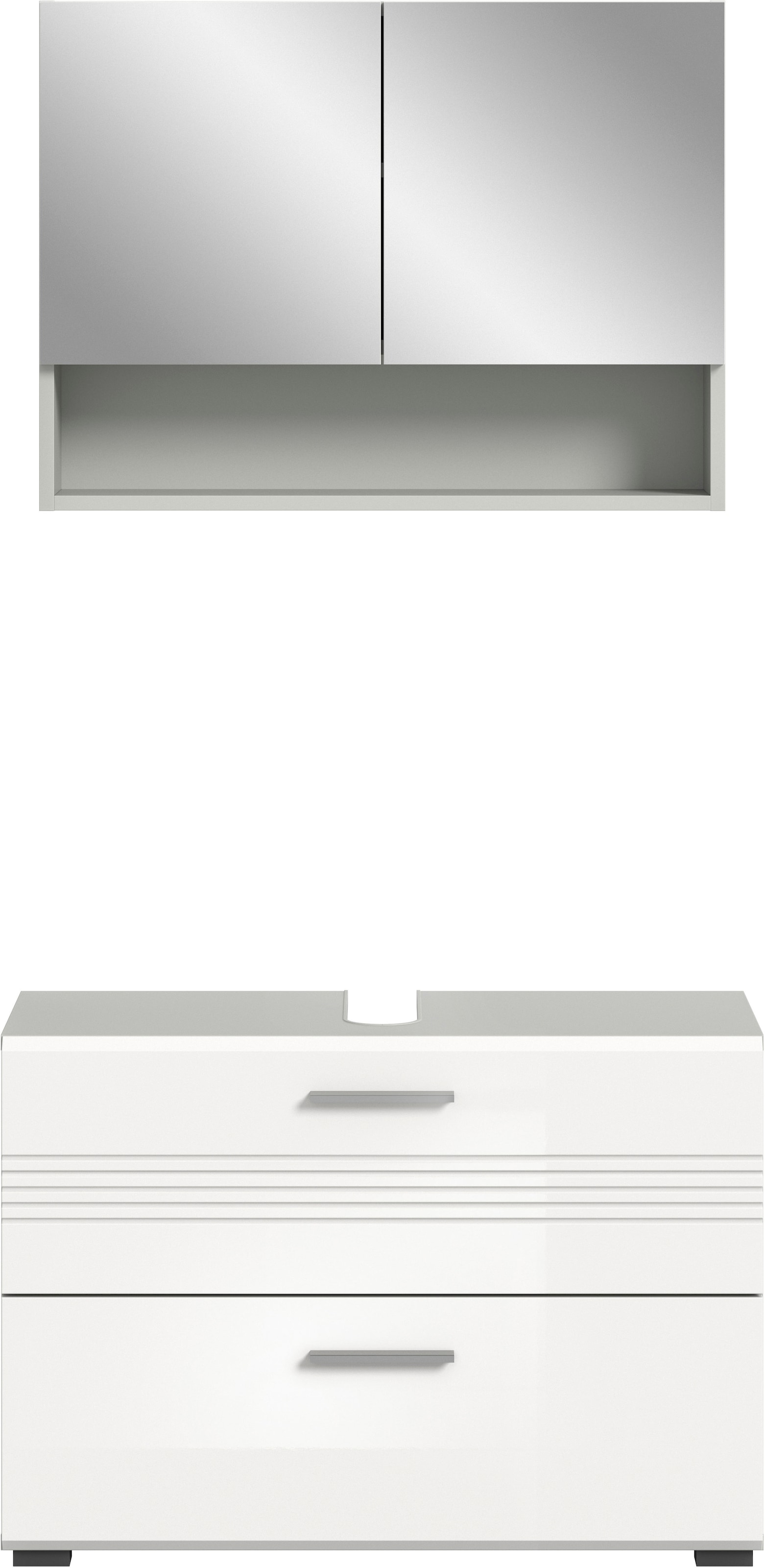 welltime Badmöbel-Set »Calicio, bestehend aus: Waschbeckenunterschrank, Spiegelschrank«, (2 St.), hochwertige MDF Front mit Rillenfräsung