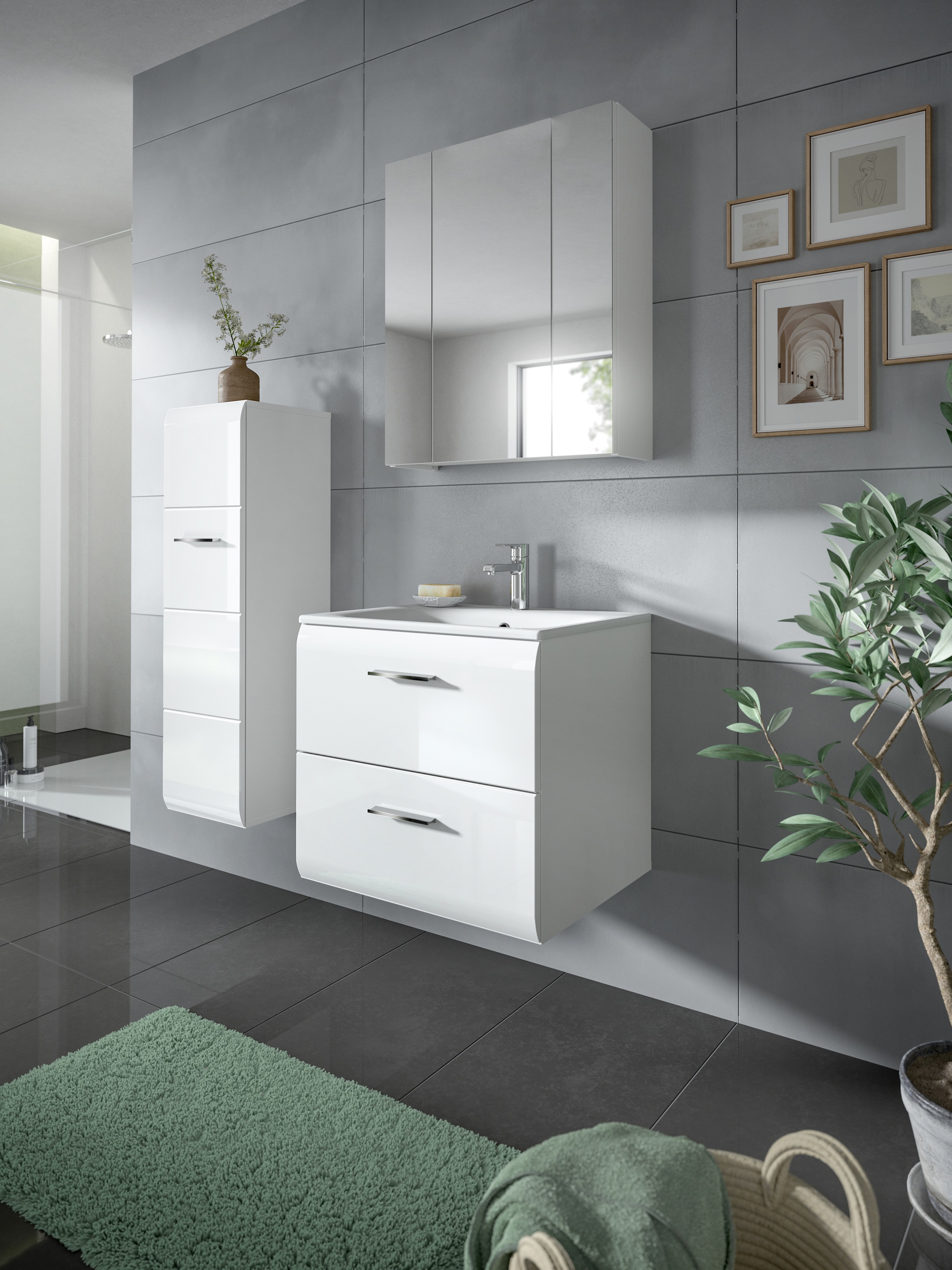 INOSIGN Badezimmer-Set, (Set, 4 St.), Florenz, Badkombination 4-tlg.,Weiß hochglanz, inkl. Waschbecken