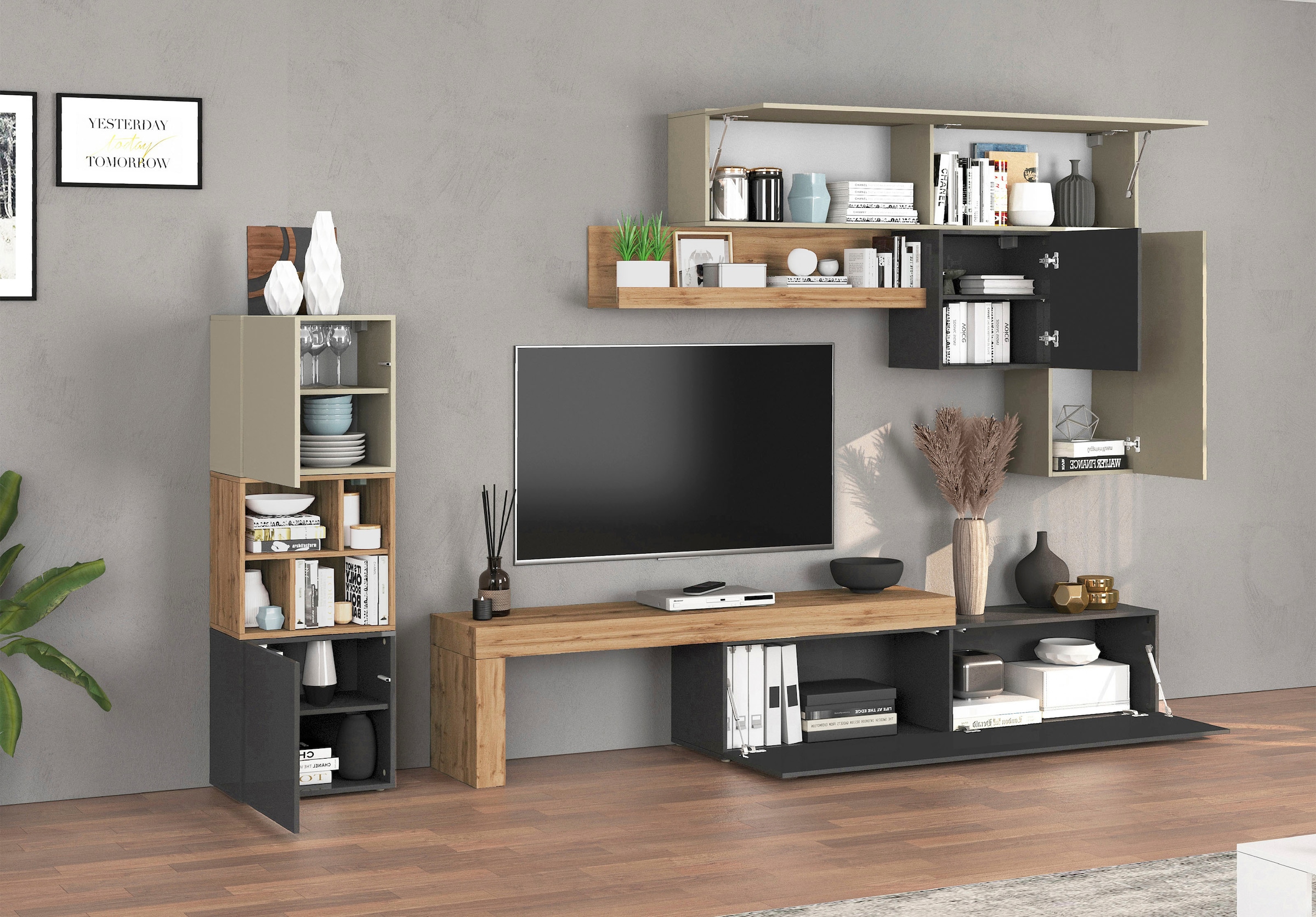 INOSIGN Wohnwand »Chronos Wohnwand, Medienwand, 8-er set«, (Set, 8 St.), ca. 320 cm mit Hängeschränke, Würfel, Regal, Lowboard, Made in Italy