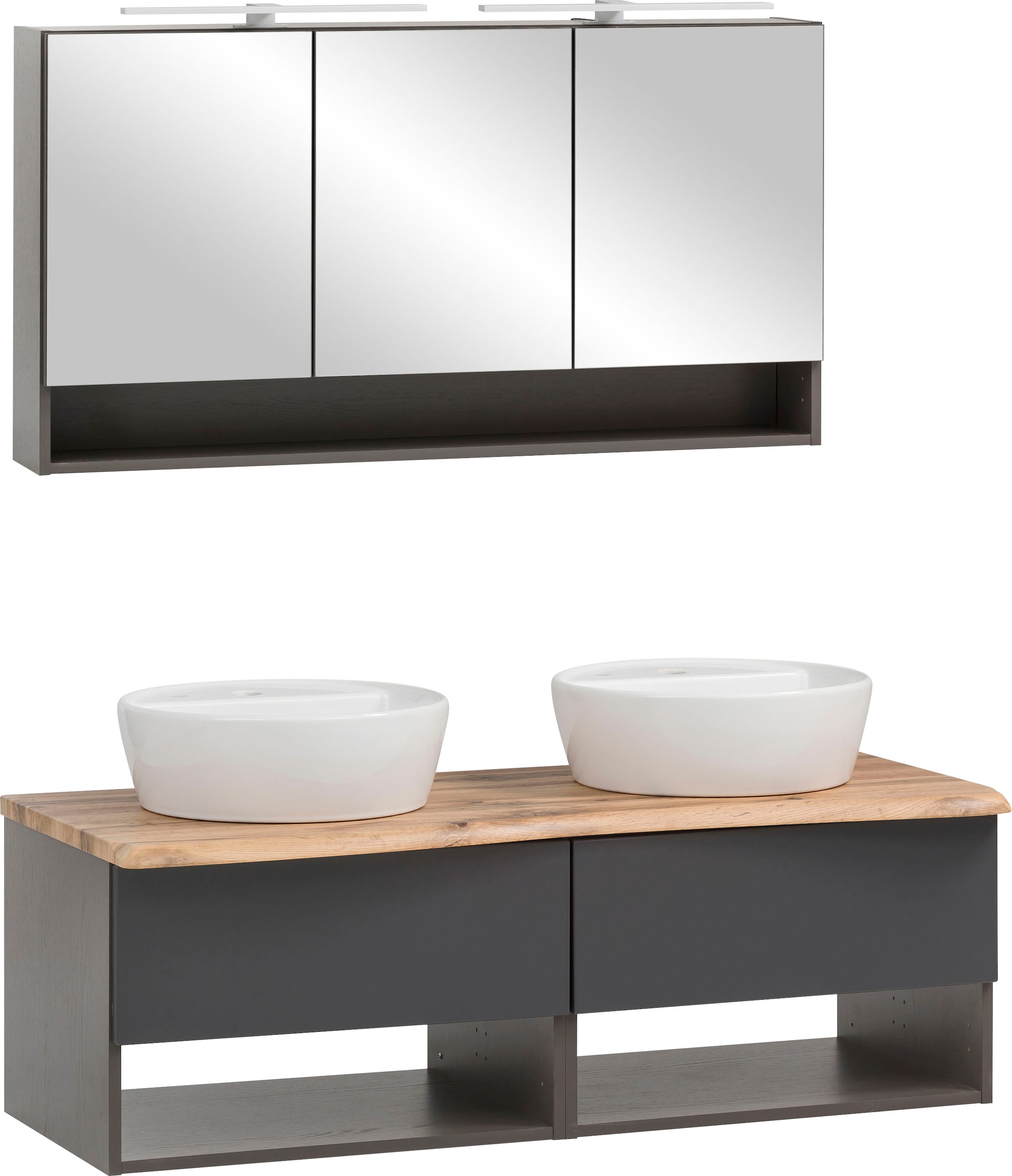 welltime Badmöbel-Set »Stubach«, (2 St., Spiegelschrank und Waschtisch), Abdeckplatte mit Baumkante