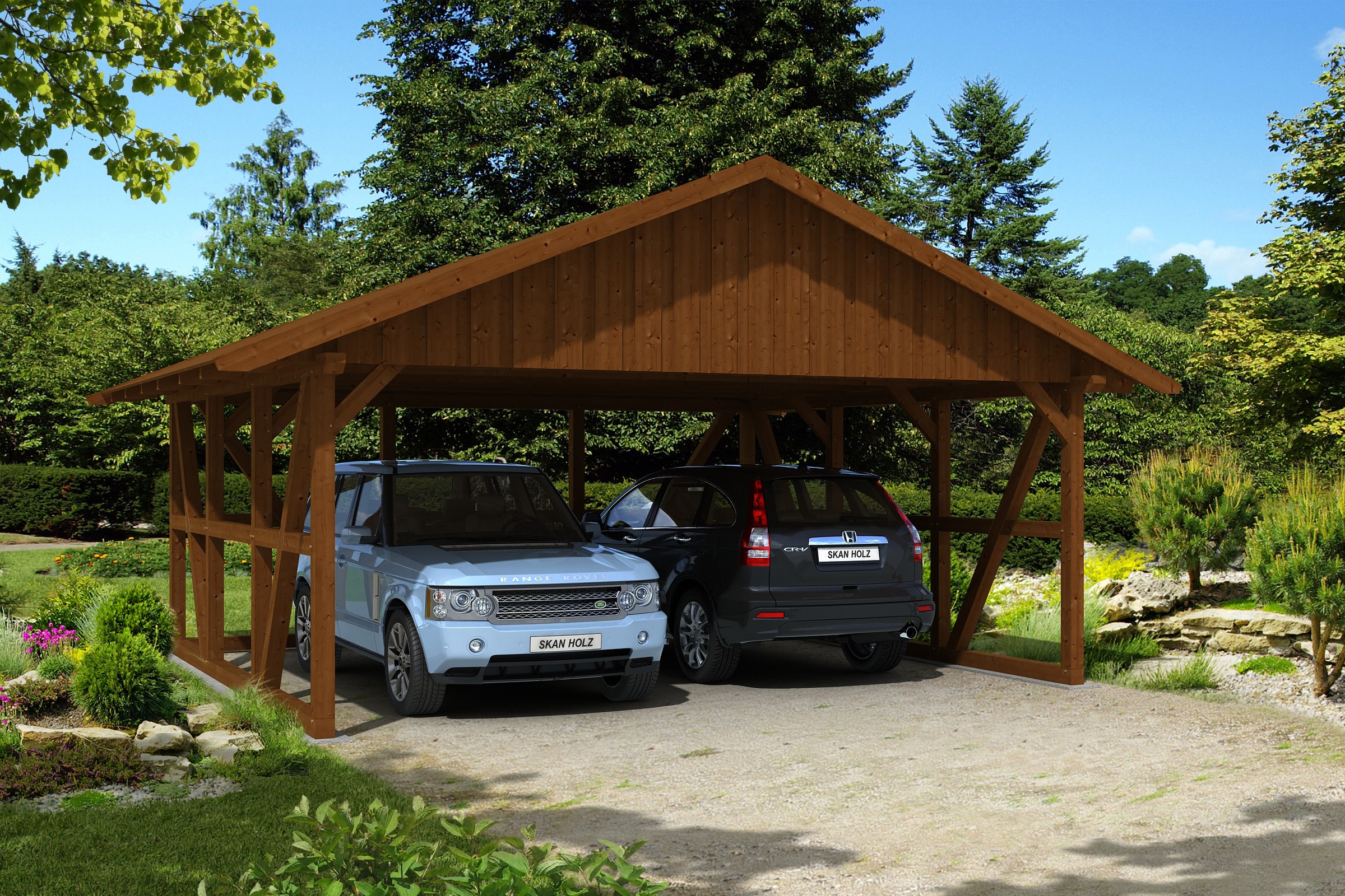 Skanholz Doppelcarport »Schwarzwald«, 560 cm, Nussbaum, mit Rückwand, mit Dachschalung