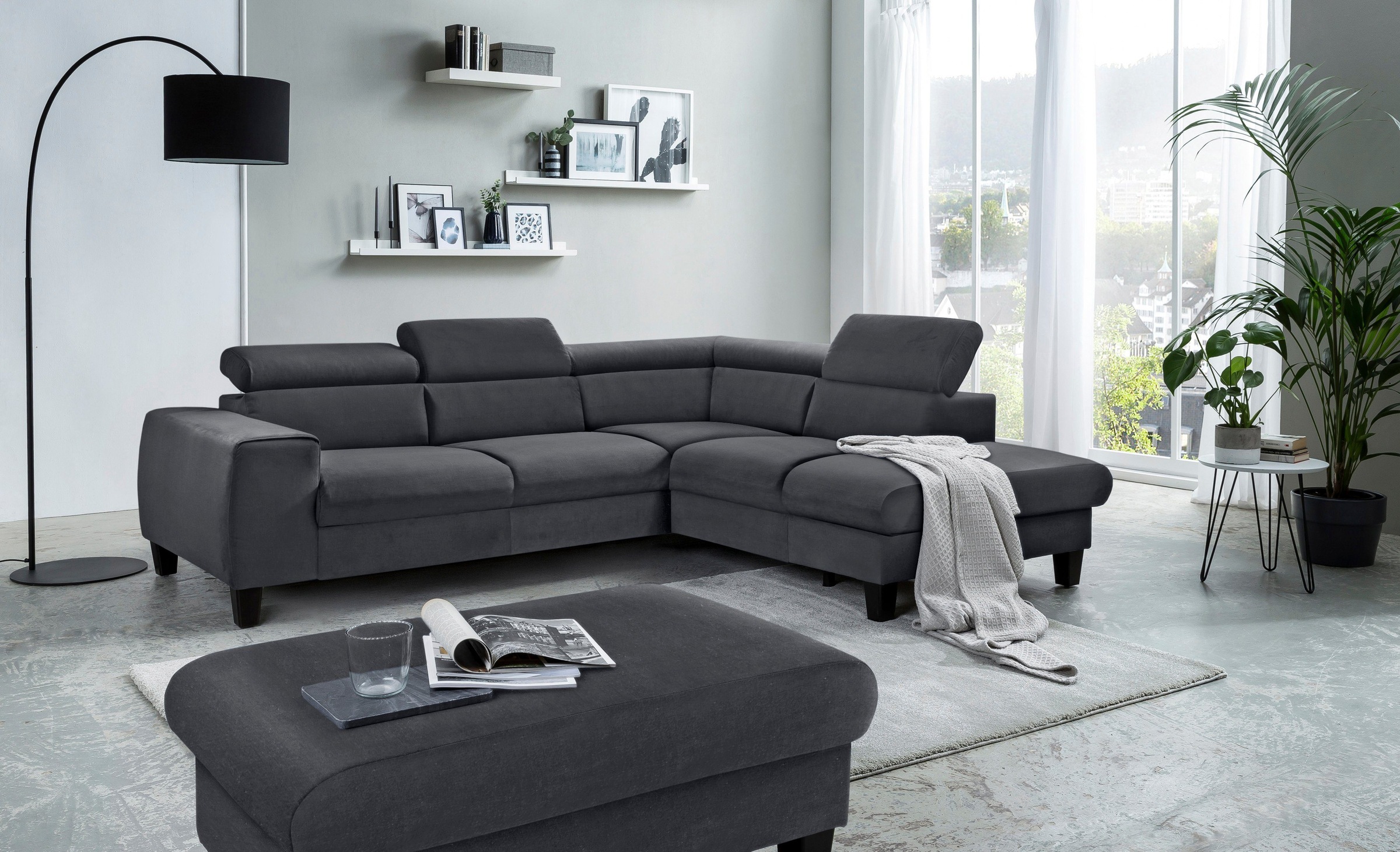 COTTA Polstergarnitur »Morven«, (Set), Set: bestehend aus Ecksofa und Hocker, Kopfteilverstellung
