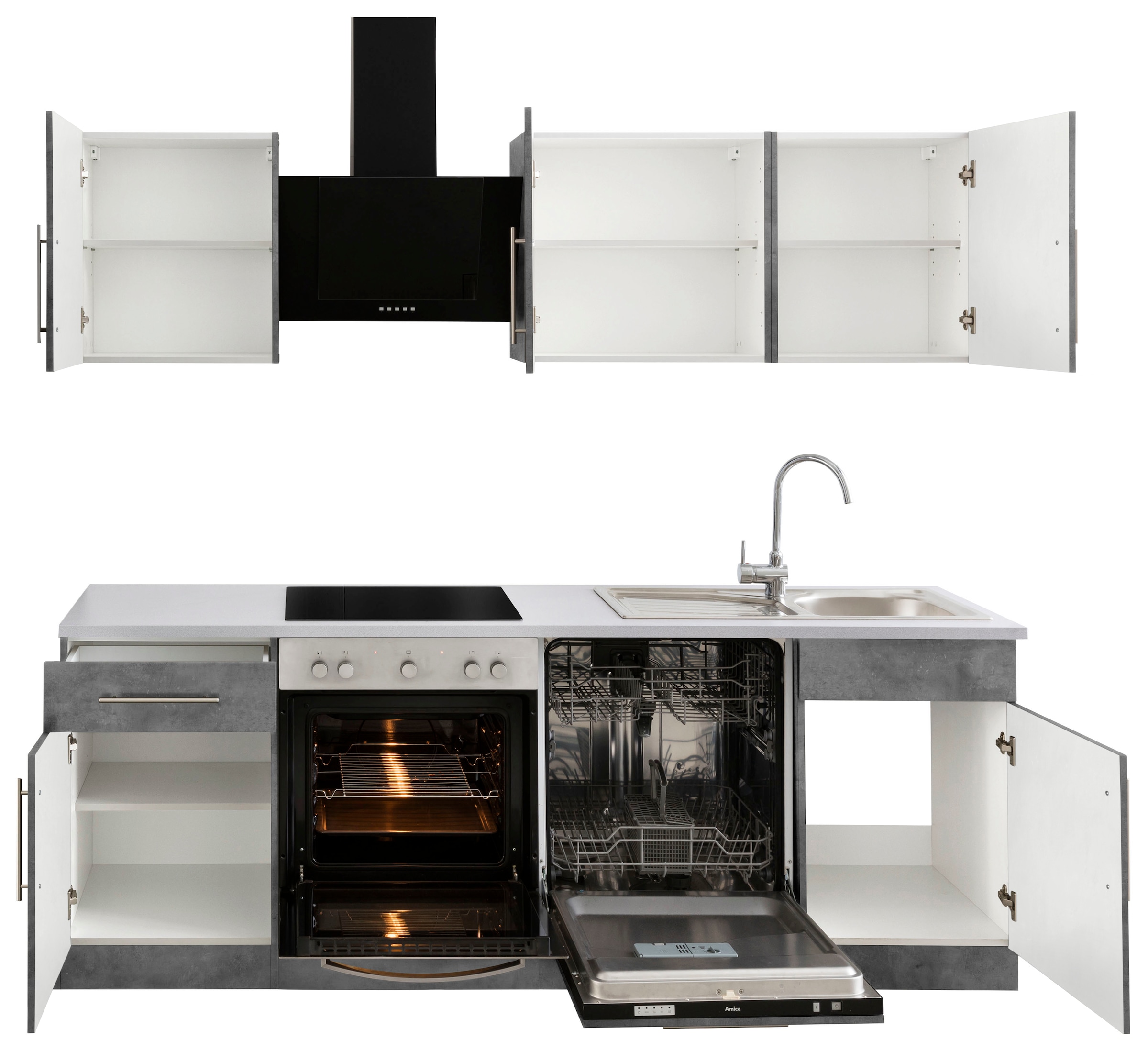 wiho Küchen Küchenzeile »Cali«, mit E-Geräten, Breite 220 cm mit Metallgriffen