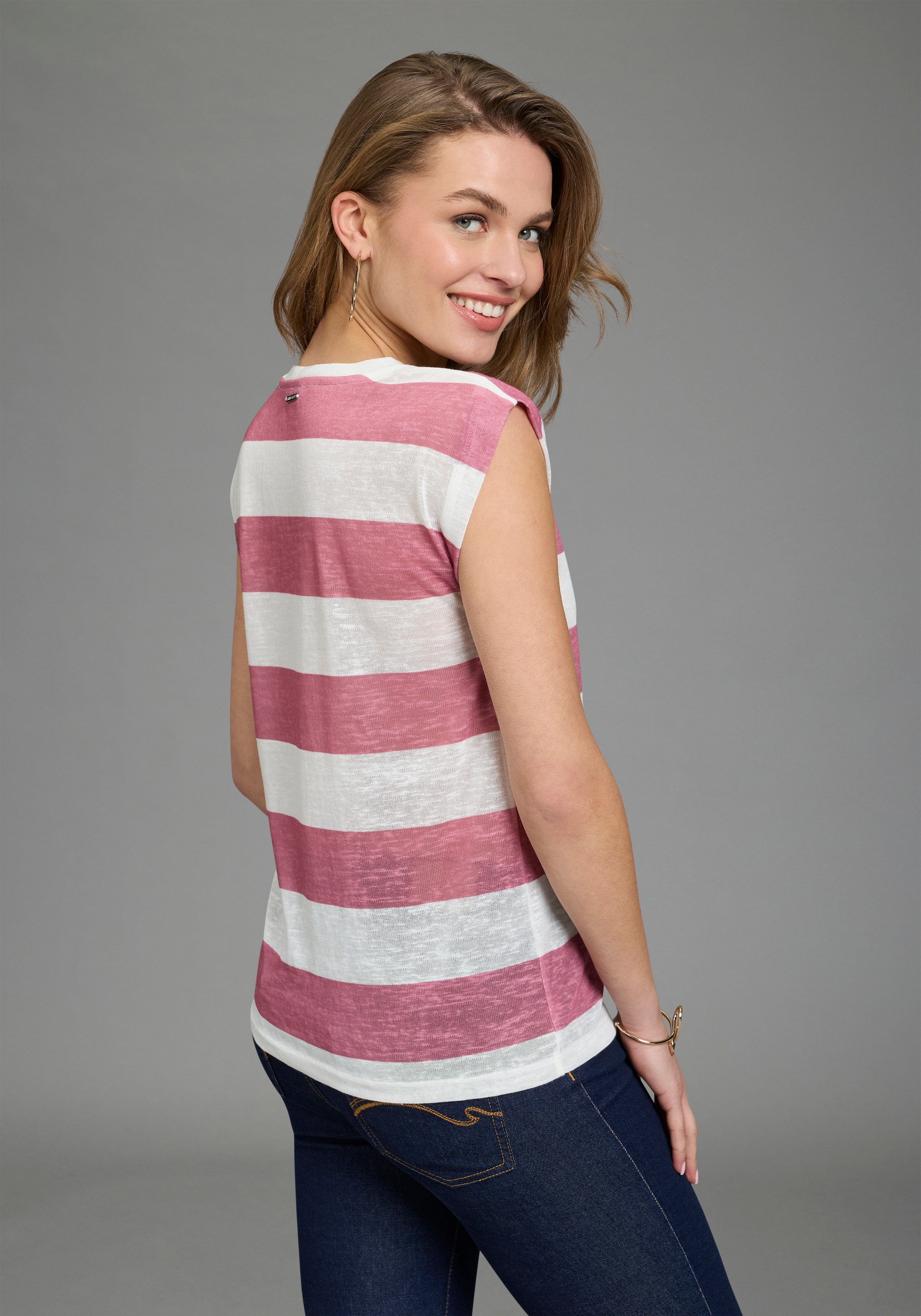 Laura Scott T-Shirt in strukturierter Leinen-Optik, gestreiftes Design günstig online kaufen