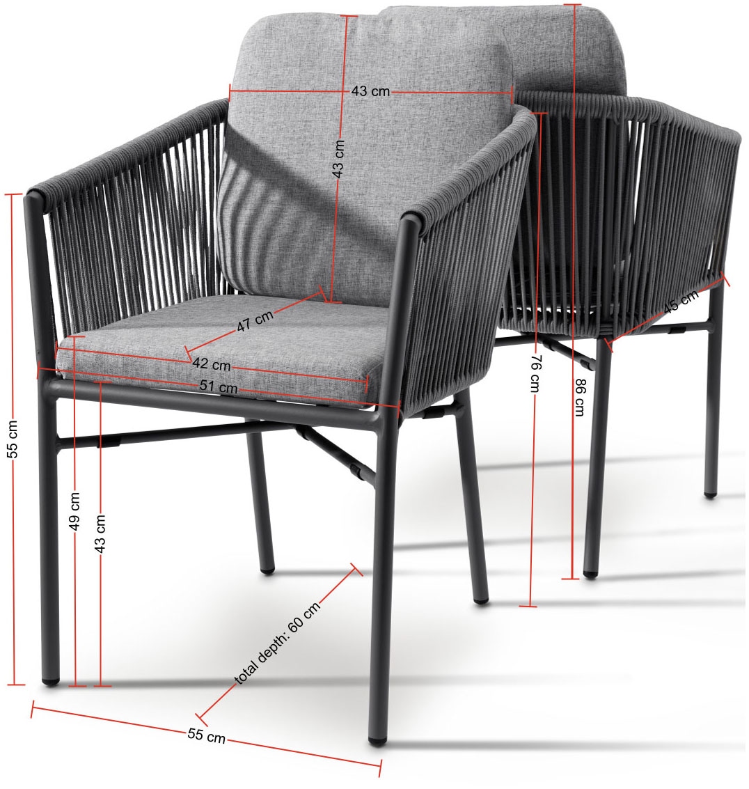 Destiny Garten-Essgruppe »LUCCA SAN MARINO 4 Se + Tisch RE 180x90cm, grau« Set,  Aluminium, Rope, Polywood