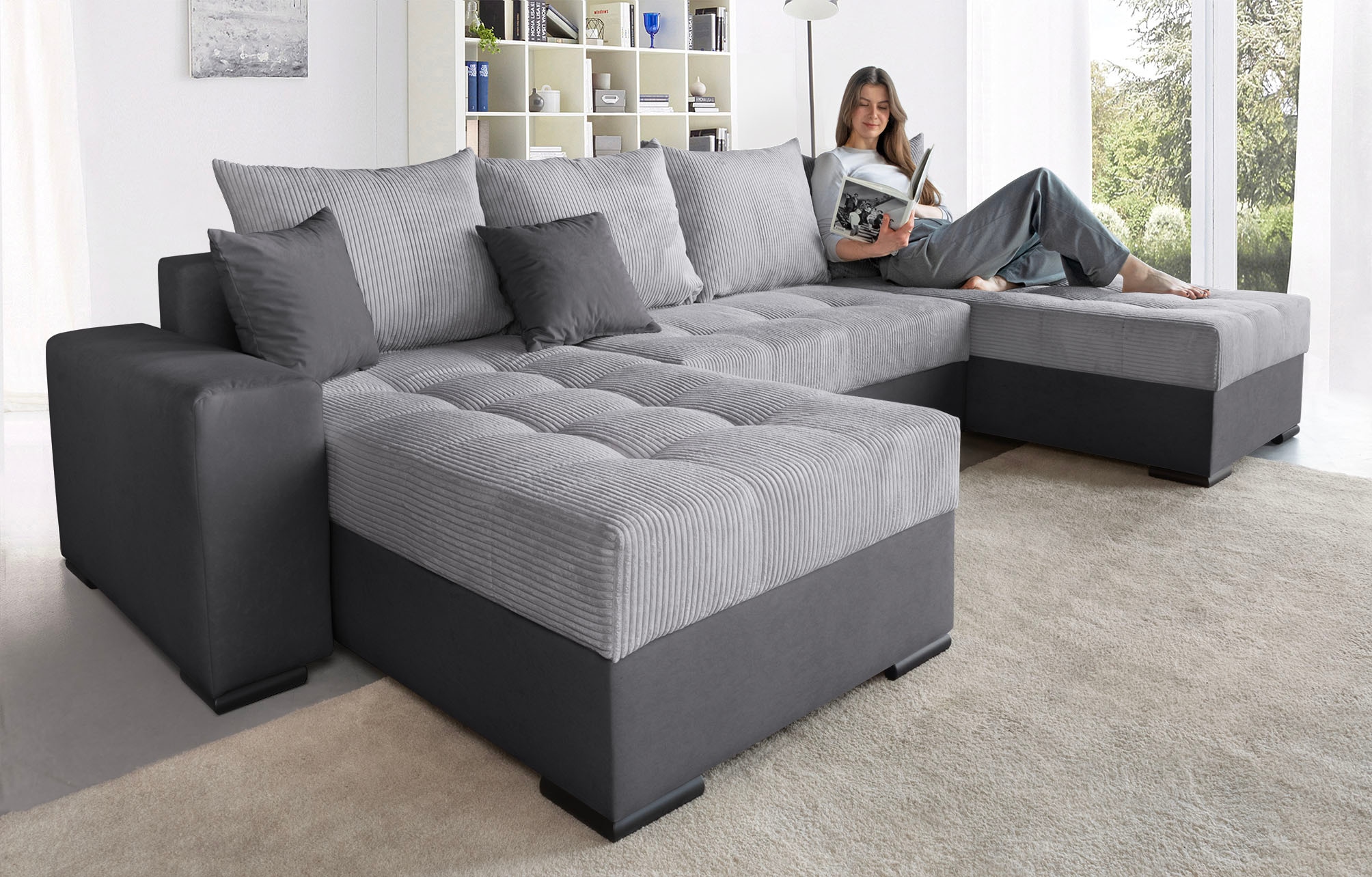 COLLECTION AB Wohnlandschaft "Josy XL U-Form, B: 313 cm in Cord, Cord-Mix" Schlaffunktion, Bettkasten & 2 Zierkissen, Federkern