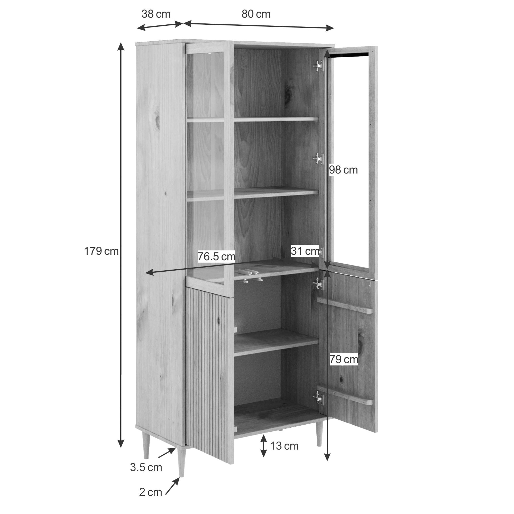 OTTO home Vitrine »Malmedy Front mit gefrästen Rillen« aus massivem Kiefernholz, Push-to-open, FSC, Breite 80 cm, Höhe 180 cm