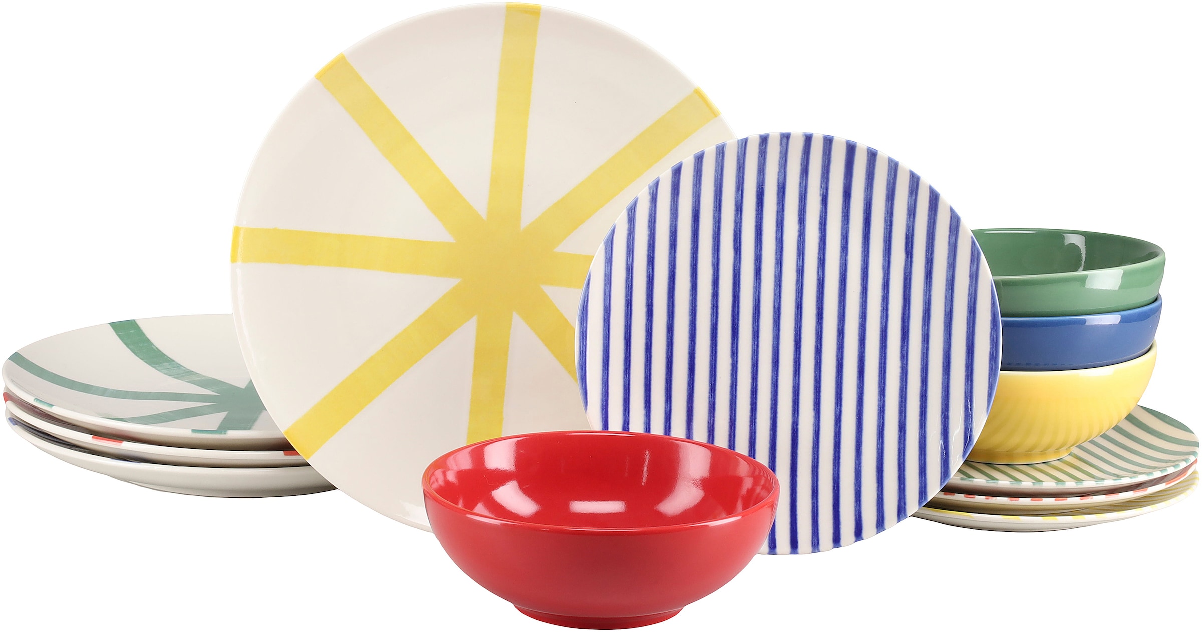 CreaTable Teller-Set »Mio Viva Bunt, Tellerset 12-tlg.« Handgemalte Optik, keramische Motive kombiniert mit Farbglasuren