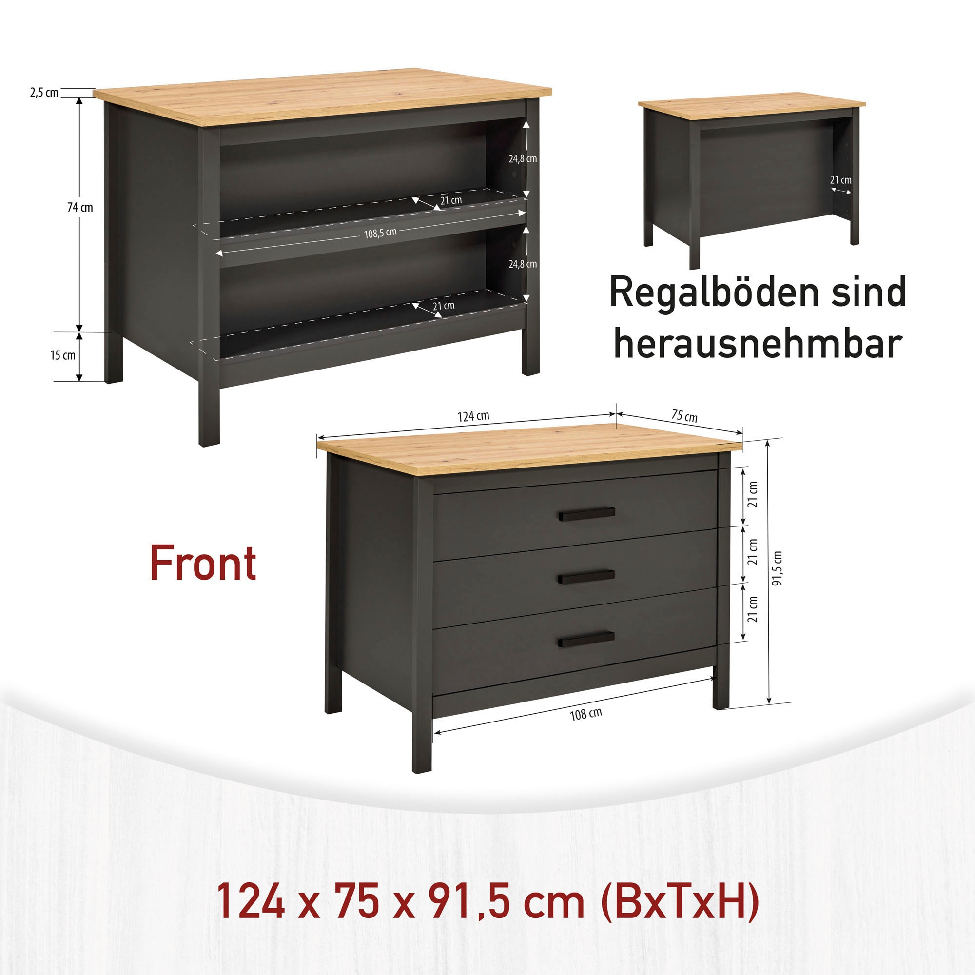 Inter Link Kücheninsel »Kücheninsel Piazza Nero« Schubladen, herausnehmbare Regalböden, Soft-Close, 124x75x91 cm