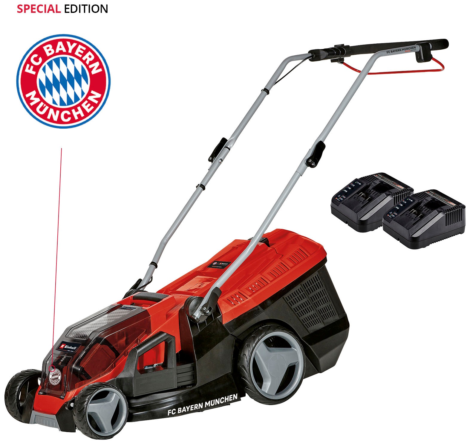 Einhell Akkurasenmäher "GE-CM 36/36 Li Kit - FC Bayern München", (Set), mit 2 Akkus 18V/4,0Ah und 2 Ladegeräte