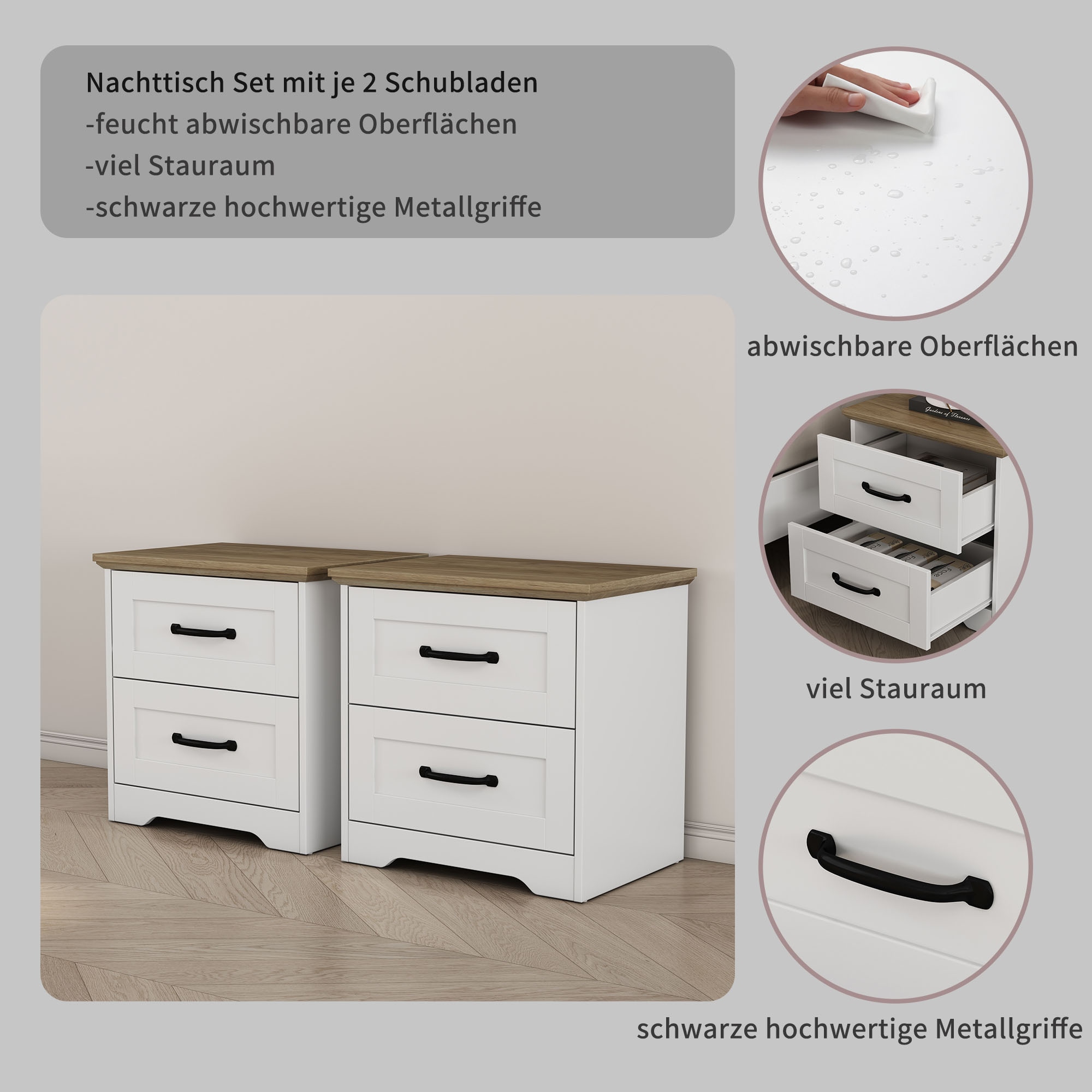 OTTO home Nachtkommode »Emmilia Nachttisch Set im Landhaus Design« Schlafzimmer Kommoden Nachschrank im 2er Set, 2 Stk. tlg. 2 Schubladen je Nachttisch - viel Stauraum im Schlafzimmer