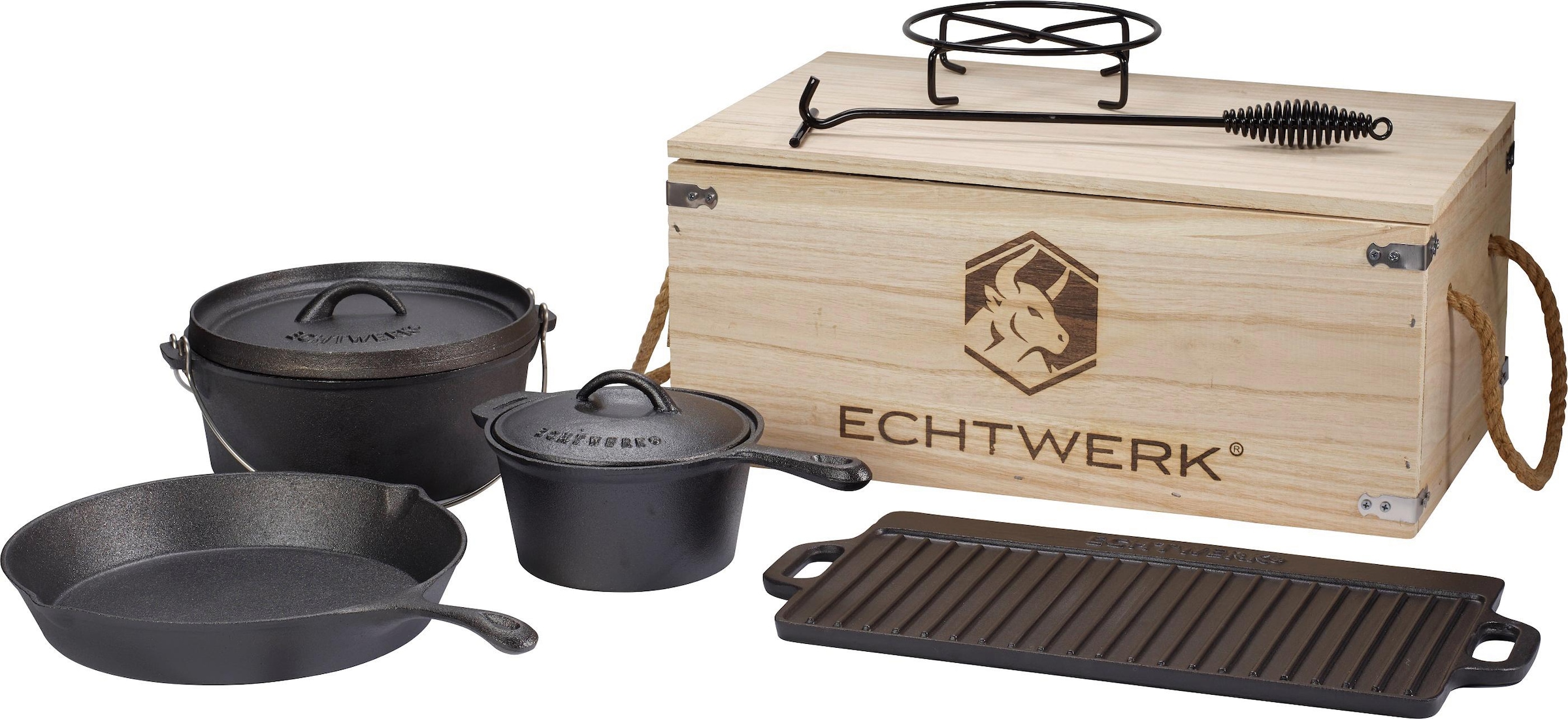 ECHTWERK Topf-Set »Dutch Oven«, Gusseisen, (Set, 7 tlg., Kochtopf, Stieltopf, Pfanne, Grillplatte, Deckelheber, Untersetzer), Gusseisen BBQ Kochtopf-Set, Feuertopf, ofenfest, Holzkiste