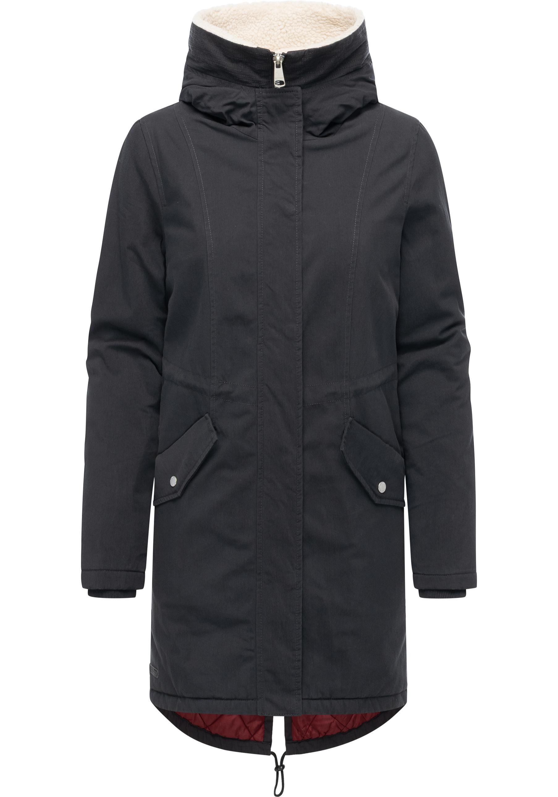 Kurzmantel RAGWEAR "Coogle YOUMODO", Damen, Gr. XS (34), schwarz, Obermaterial: 68% Baumwolle, 32% Nylon; Innenfutter: 100% Polyester; Wattierung: 100% Polyester, gerade ca. Mitte Oberschenkel, hoch geschlossener Ausschnitt, Ärmel ohne Ärmelschlitz Rippbü