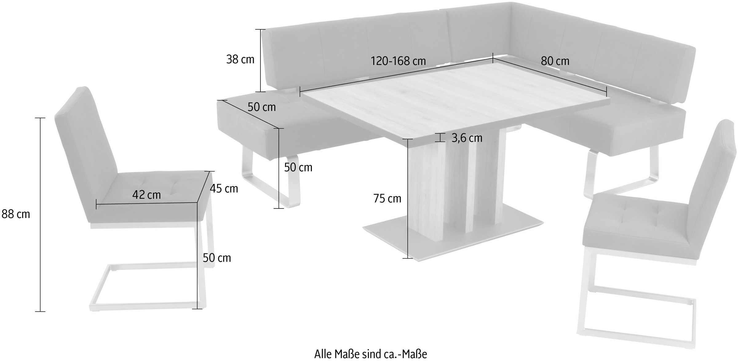 K+W Komfort & Wohnen Eckbankgruppe »Spider II« Set, 4 Stk. tlg. langer Schenkel 195cm, 2 Freischwinger, Auszugstisch in Breite 120 cm