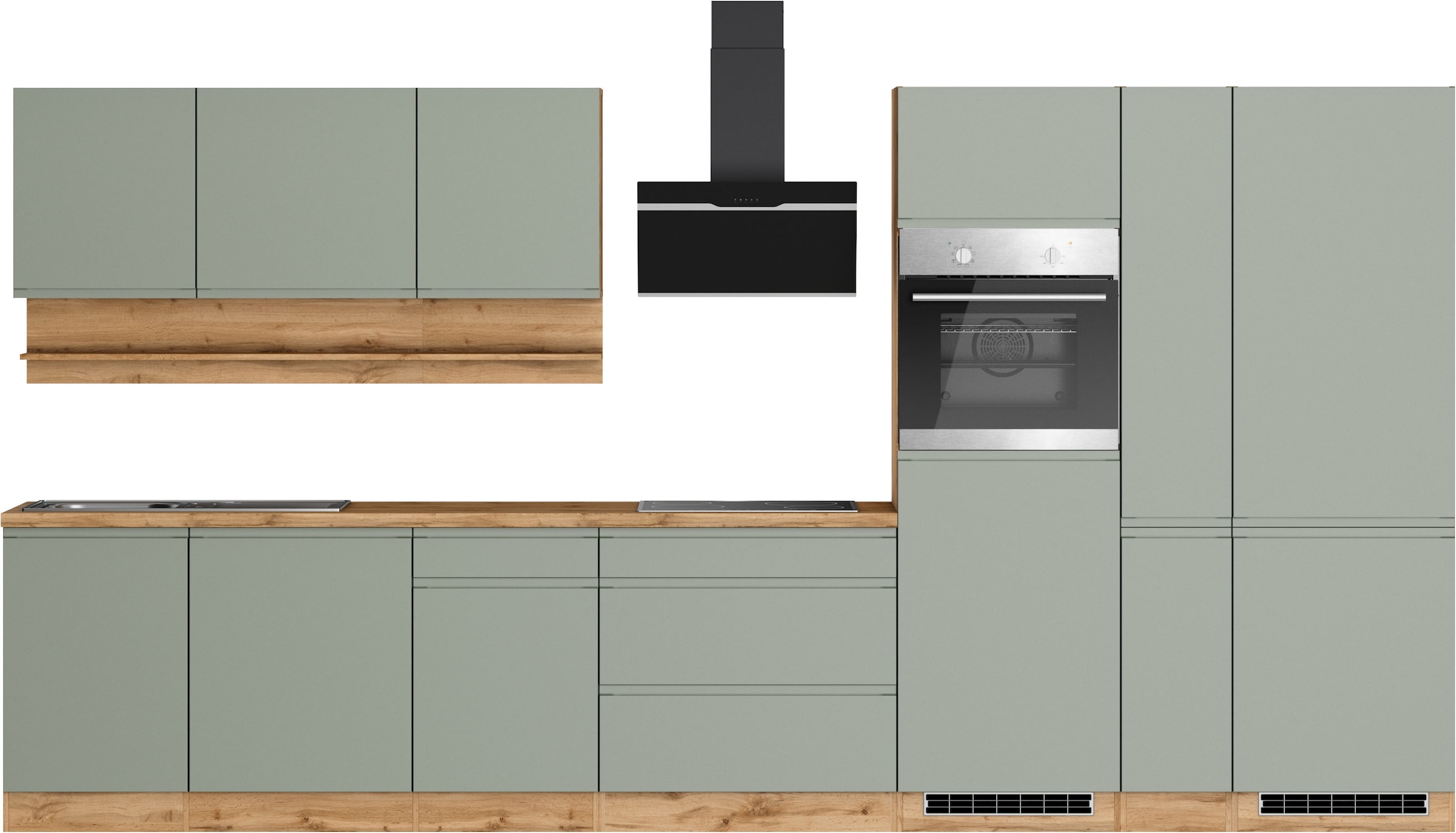 KOCHSTATION Küchenzeile "KS-Virginia,neu in verbesserter Ausführung" Arbeitsplatte 38 mm stark, Stauraum, Softclose, Breite 390 cm, Soft-Close, ohne E-Geräte