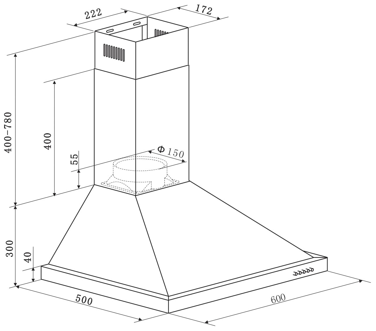 RESPEKTA Kaminhaube »CH 22078 IXB«, Serie Dalia, 60 cm, 3 Leistungsstufen, LED-Beleuchtung, Ab- und Umluftfähig