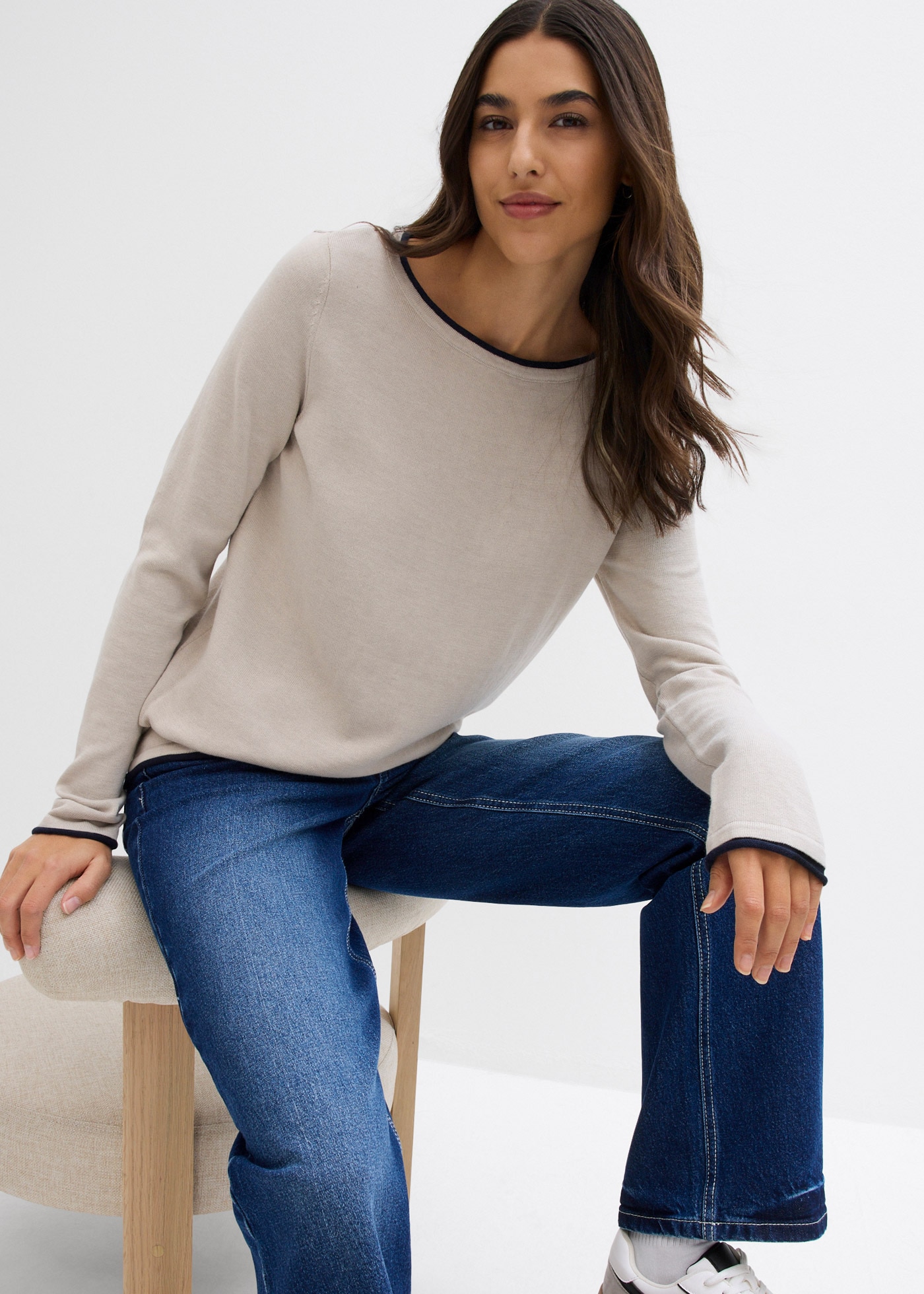 bonprix Strickpullover weiches Material, mit kontrastfarbiger Rollkante