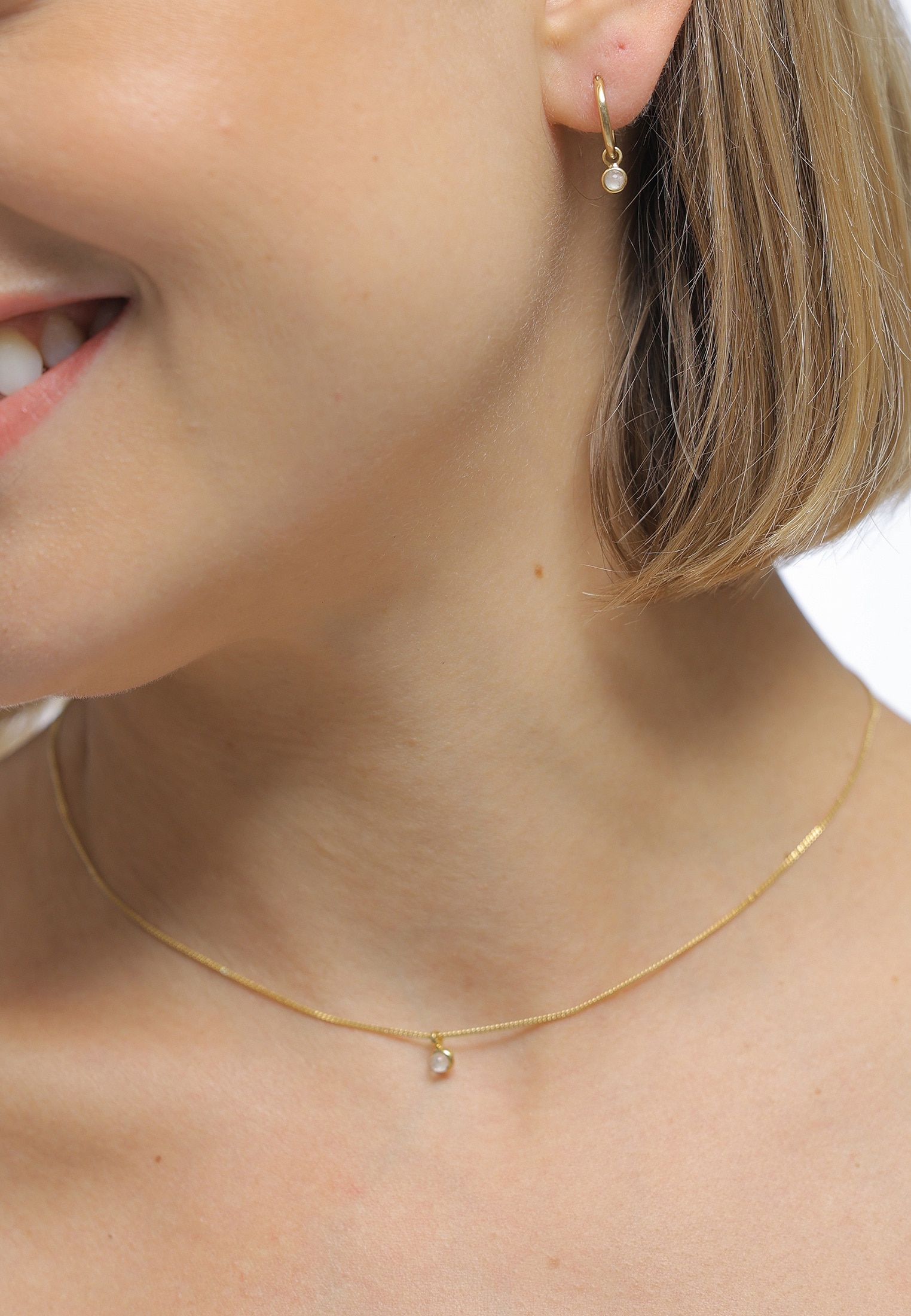 Elli Premium Ohrring und Ketten Set »Schmuckset Kette Creolen Mondstein Stein 925 Silber« ()