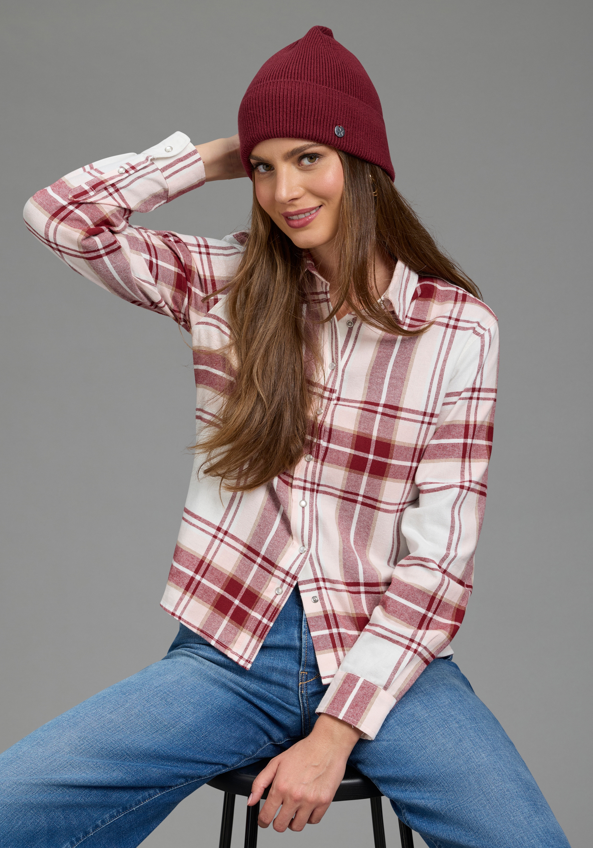 Laura Scott Hemdbluse Casual-Stil, mit Karomuster, aus kuschelweicher Flanell-Baumwolle