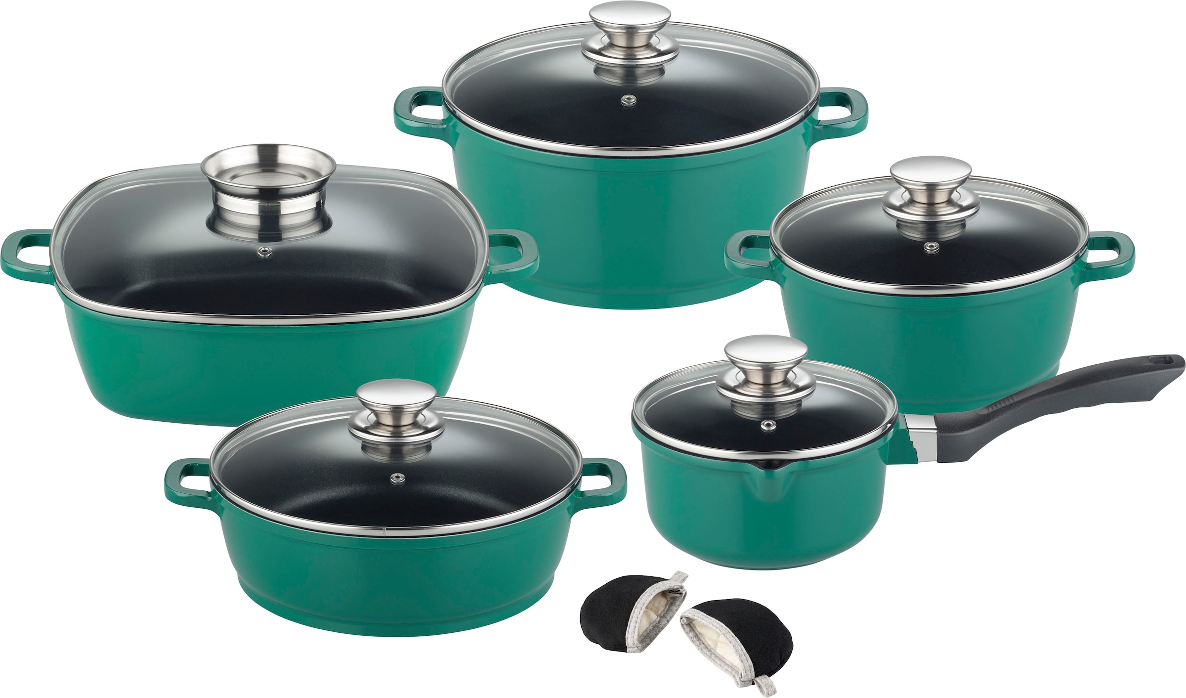 tlg.), (Set, | GSW langlebige »Gourmet Green«, Aluminiumguss, 12 Edelstahl-Knöpfen Topf-Set Antihaft-Versiegelung, mehrfache, BAUR